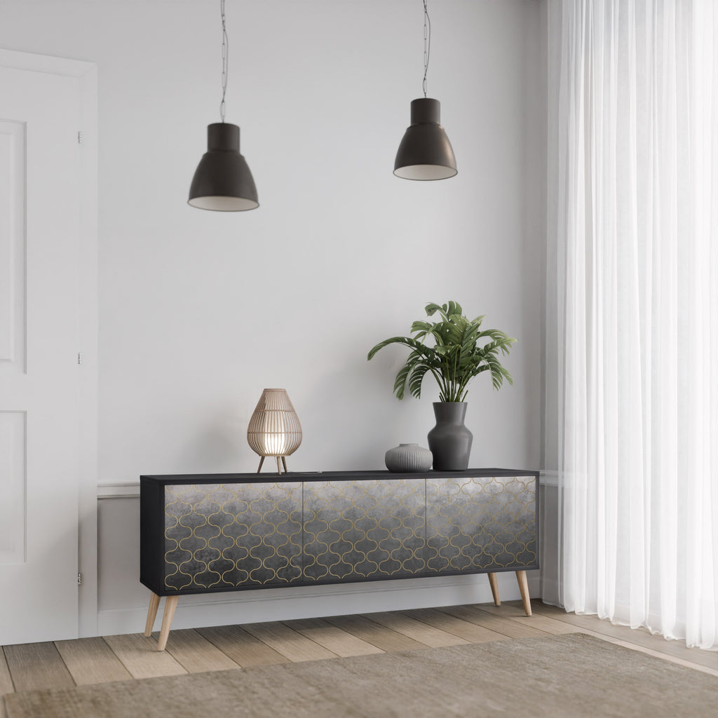 TESSELATED GRAYISH 3-Door TV Stand in Black Finish