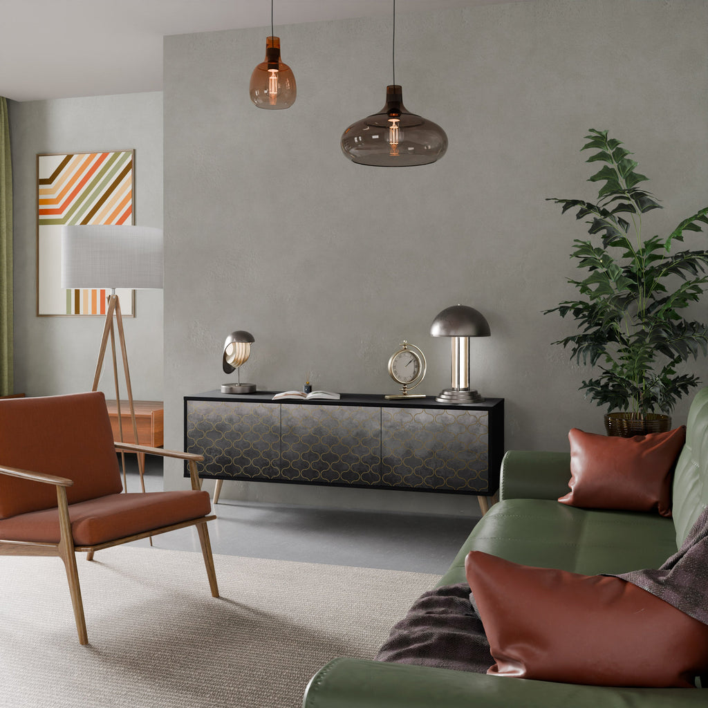 TESSELATED GRAYISH 3-Door TV Stand in Black Finish