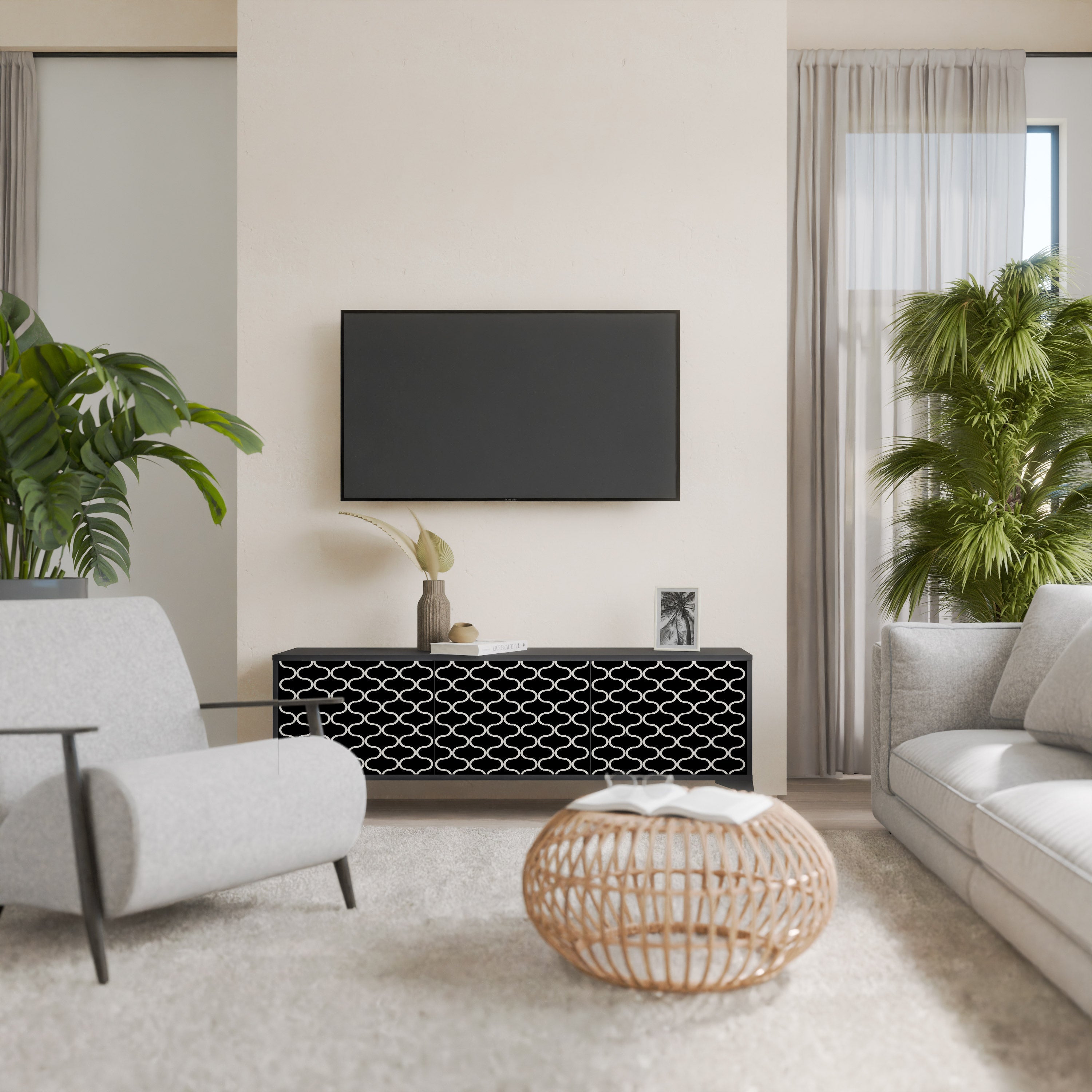 TESSELATED BLACKNESS Móvel de TV com 3 Portas em Acabamento Preto