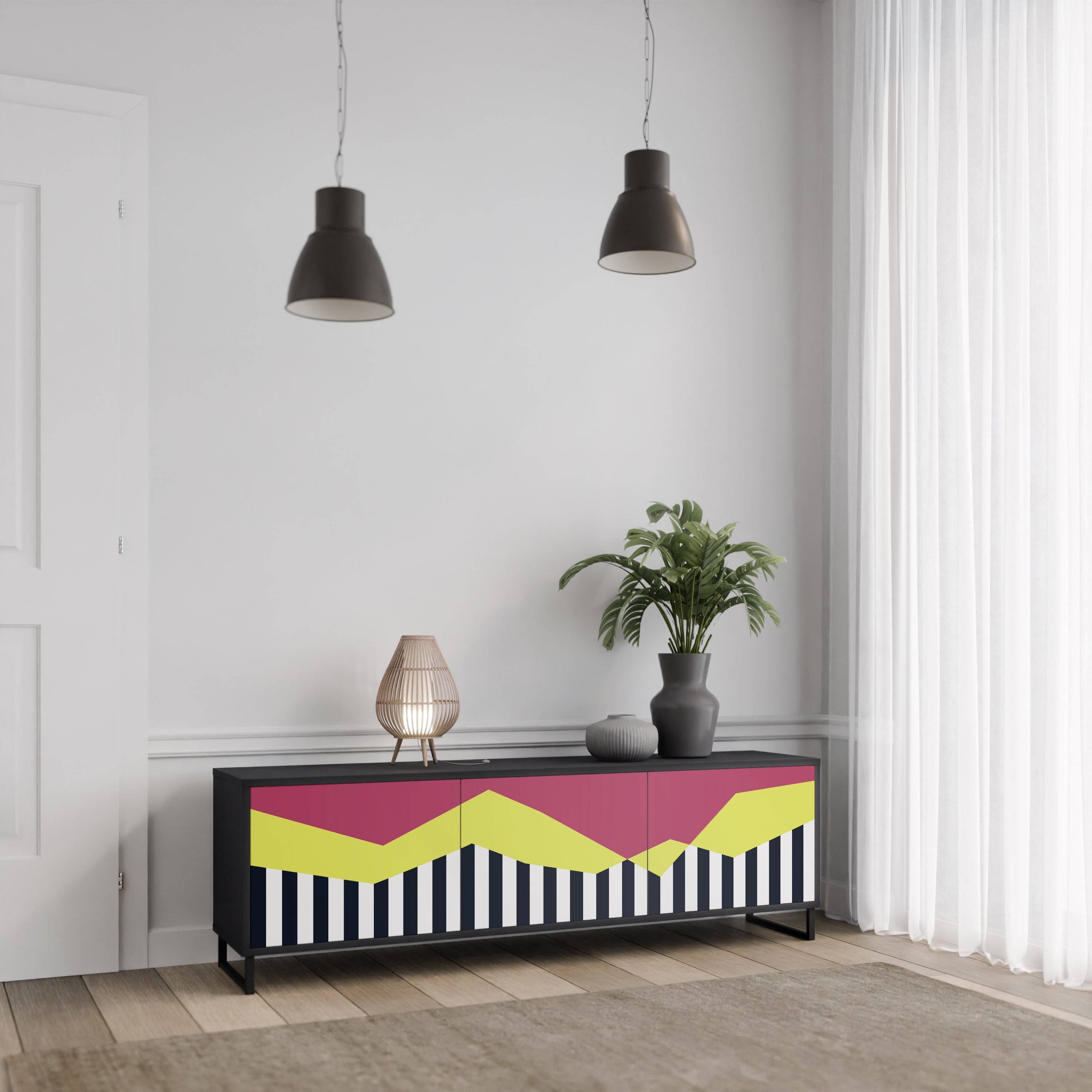 PIANO FANTASY Móvel de TV com 3 Portas em Acabamento Preto