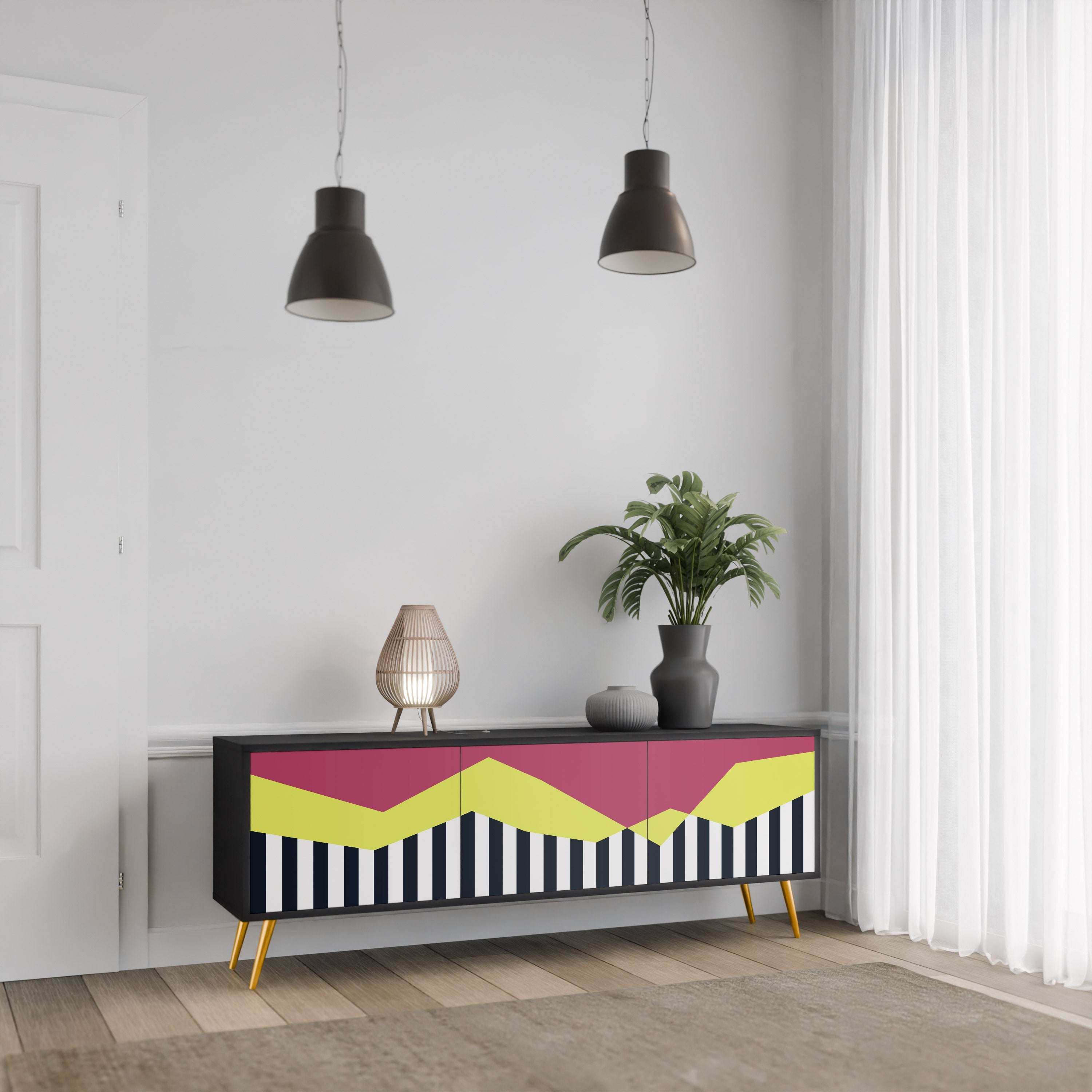 PIANO FANTASY Móvel de TV com 3 Portas em Acabamento Preto