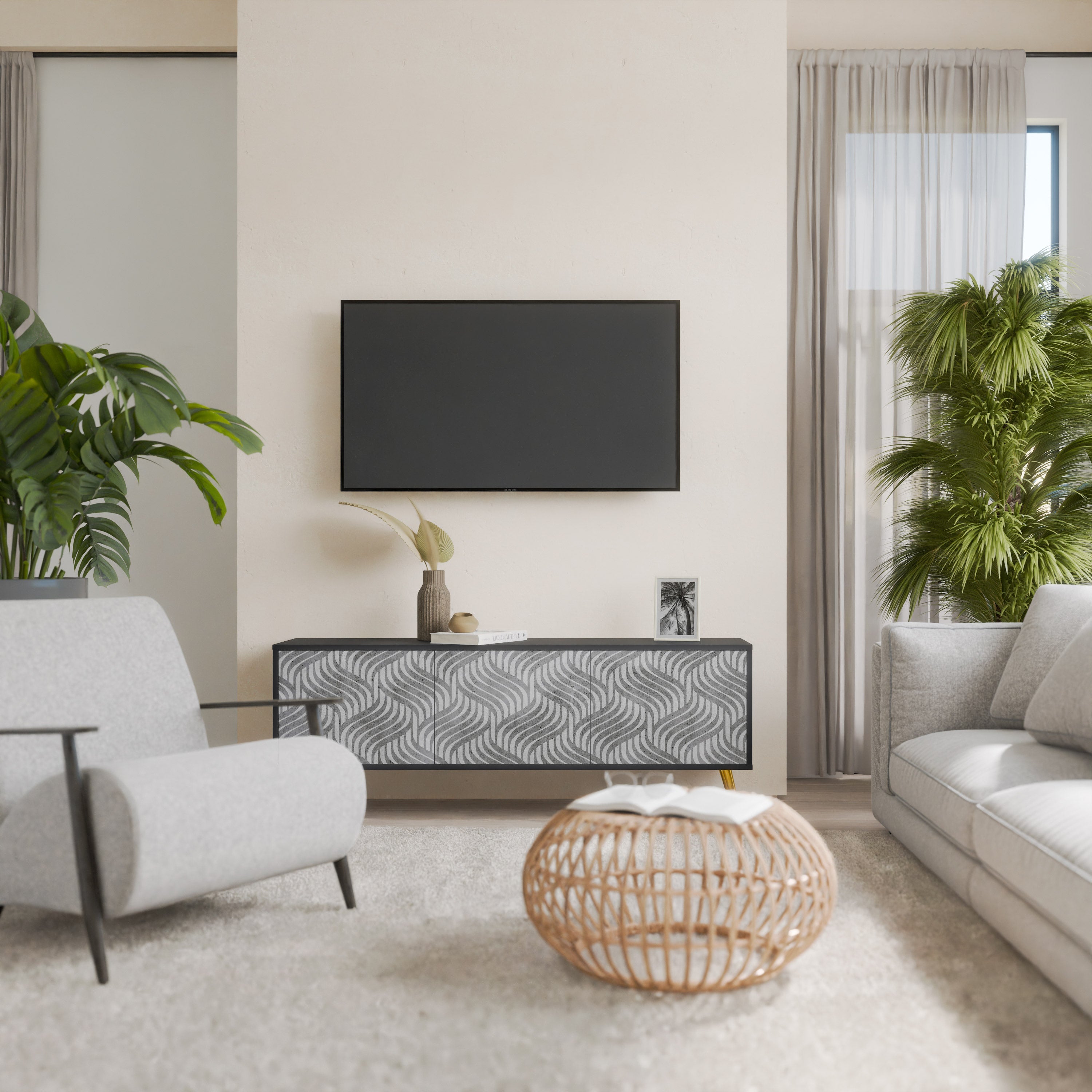 CONCRETE MOVEMENT Móvel de TV com 3 Portas em Acabamento Preto