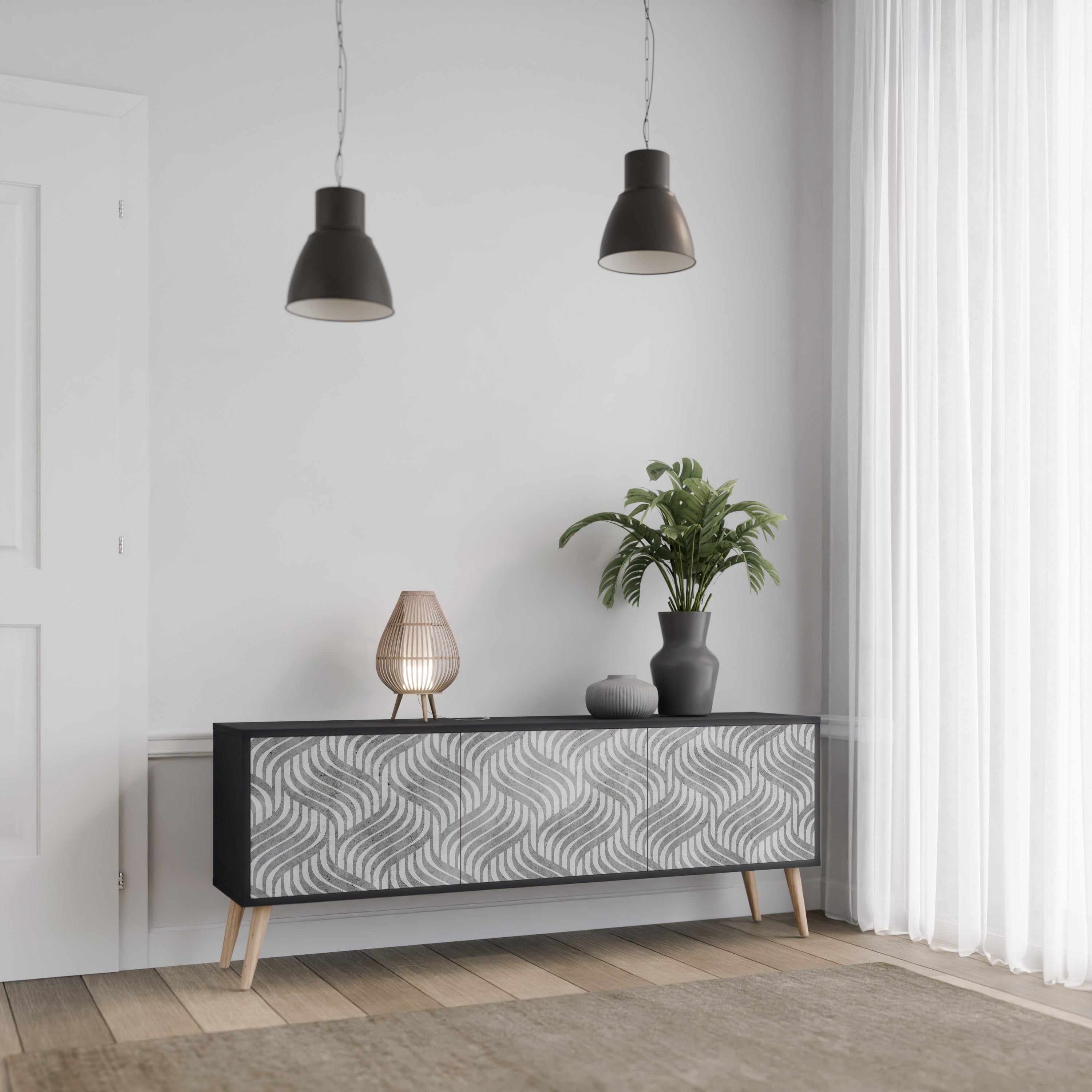 CONCRETE MOVEMENT Móvel de TV com 3 Portas em Acabamento Preto