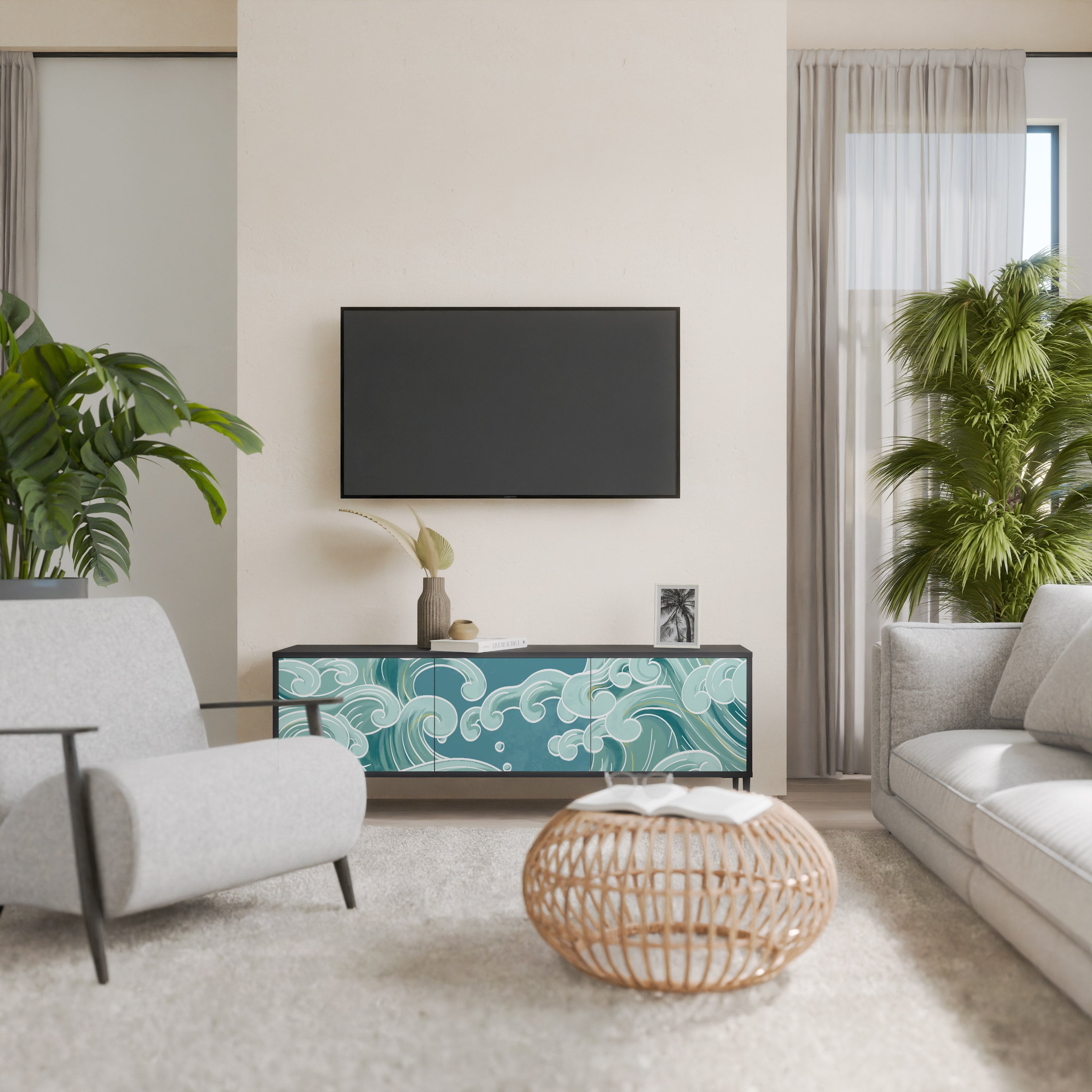 ASIAN SWAY Móvel de TV com 3 Portas em Acabamento Preto