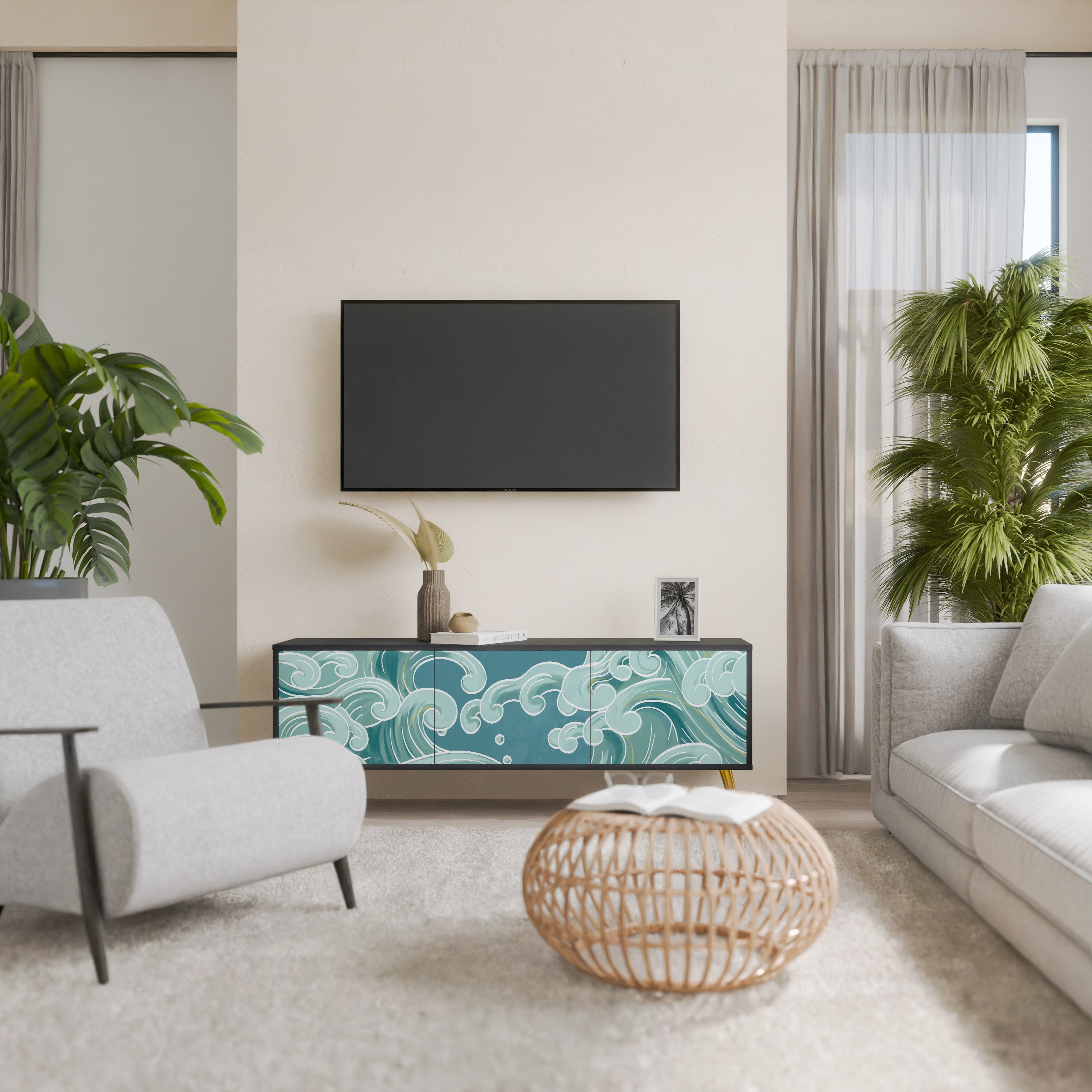 ASIAN SWAY 3-Door TV Stand in Black Finish