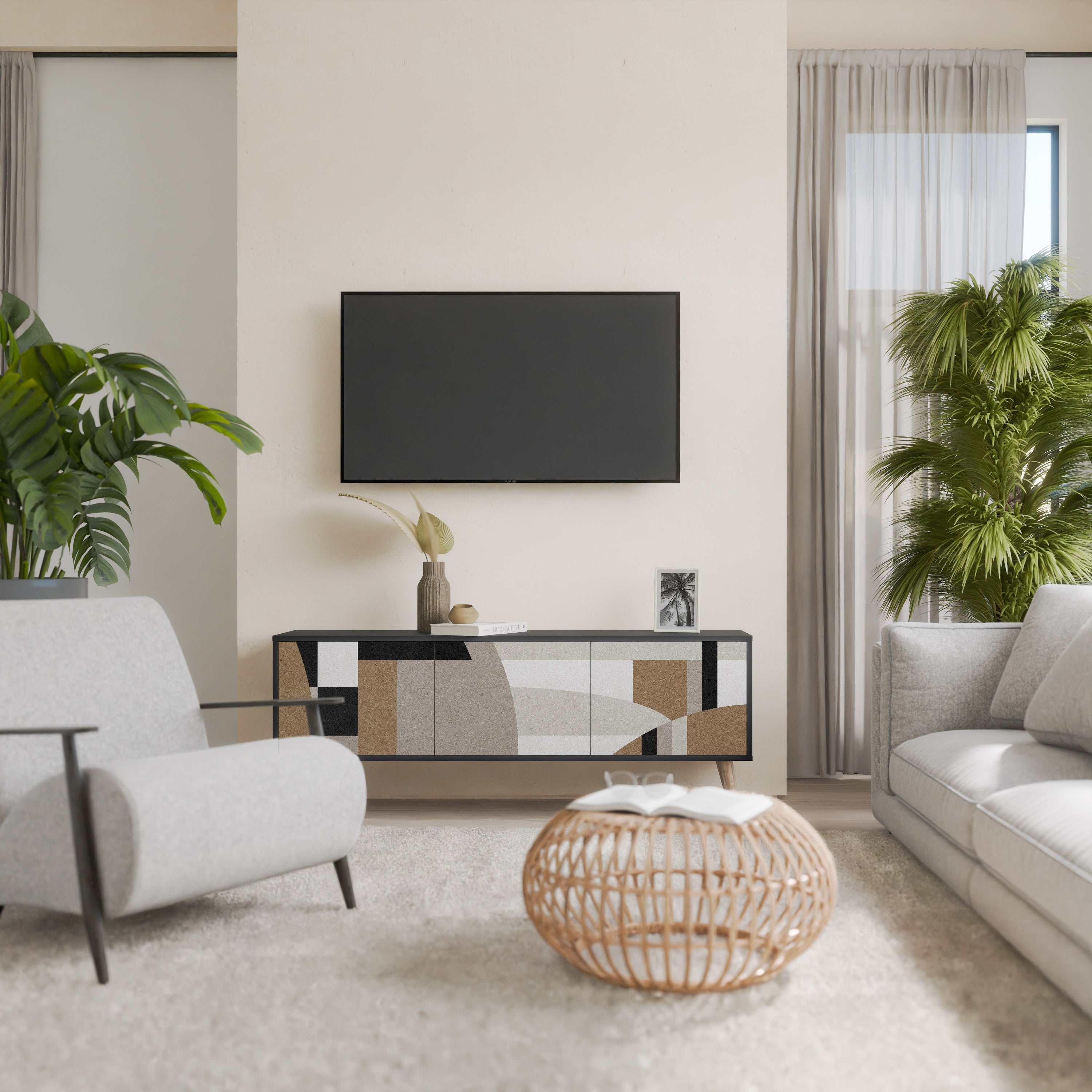 DELICATE MEMENTO 3-Door TV Stand in Black Finish