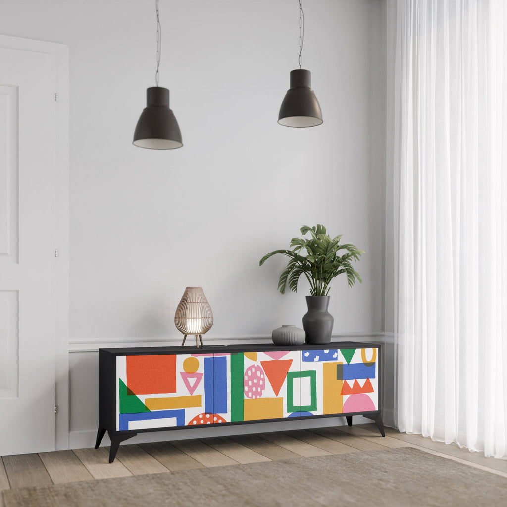 GEOMETRIC GLIMMER 3-Door TV Stand in Black Finish