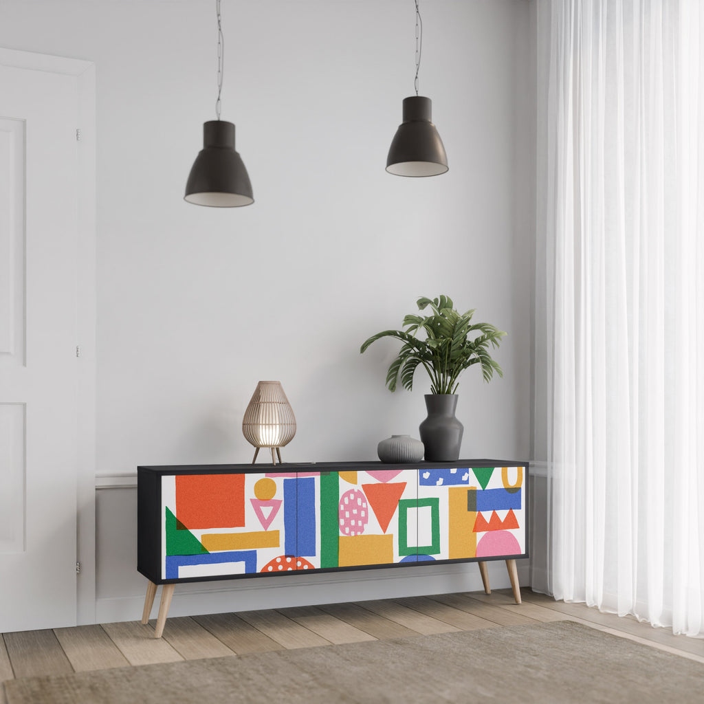 GEOMETRIC GLIMMER 3-Door TV Stand in Black Finish