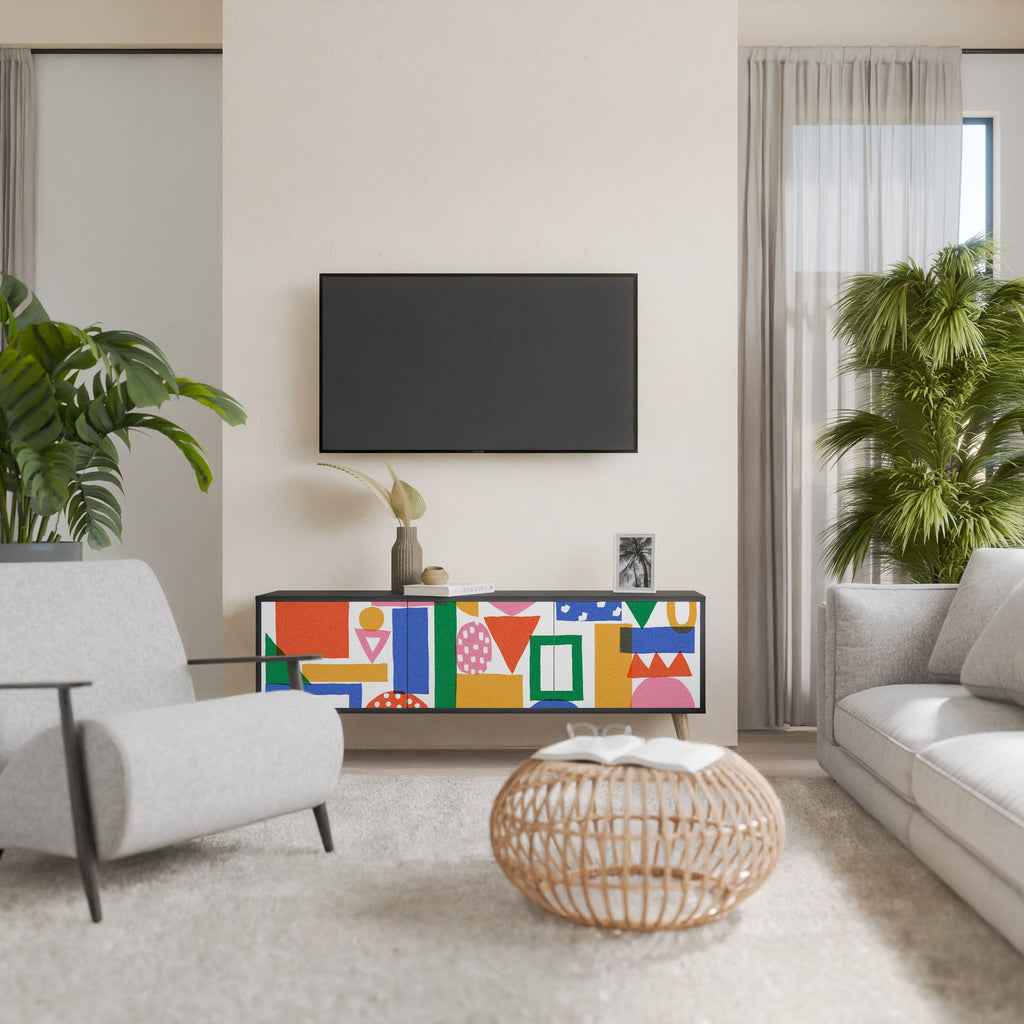 GEOMETRIC GLIMMER 3-Door TV Stand in Black Finish