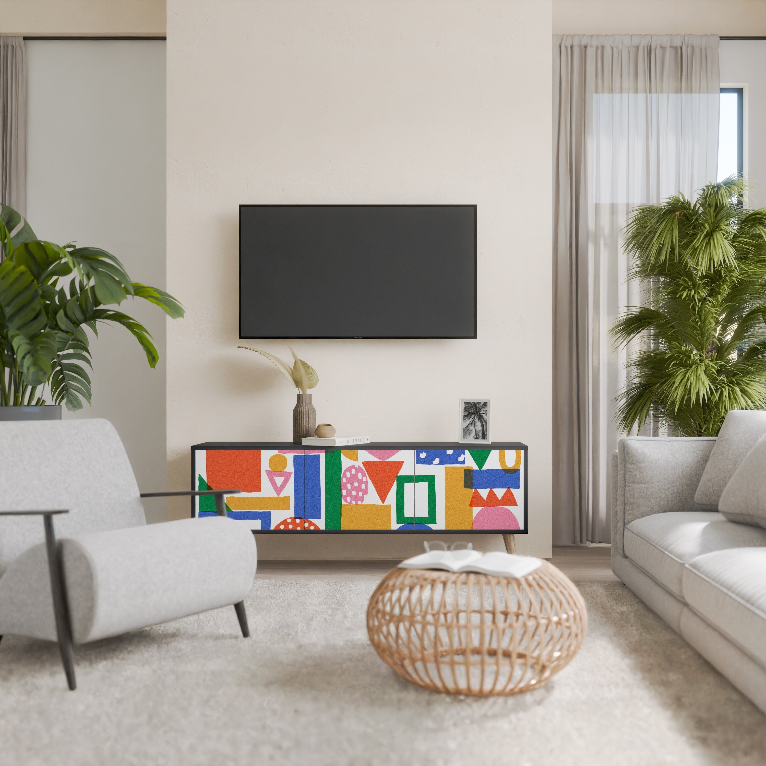 GEOMETRIC GLIMMER 3-Door TV Stand in Black Finish