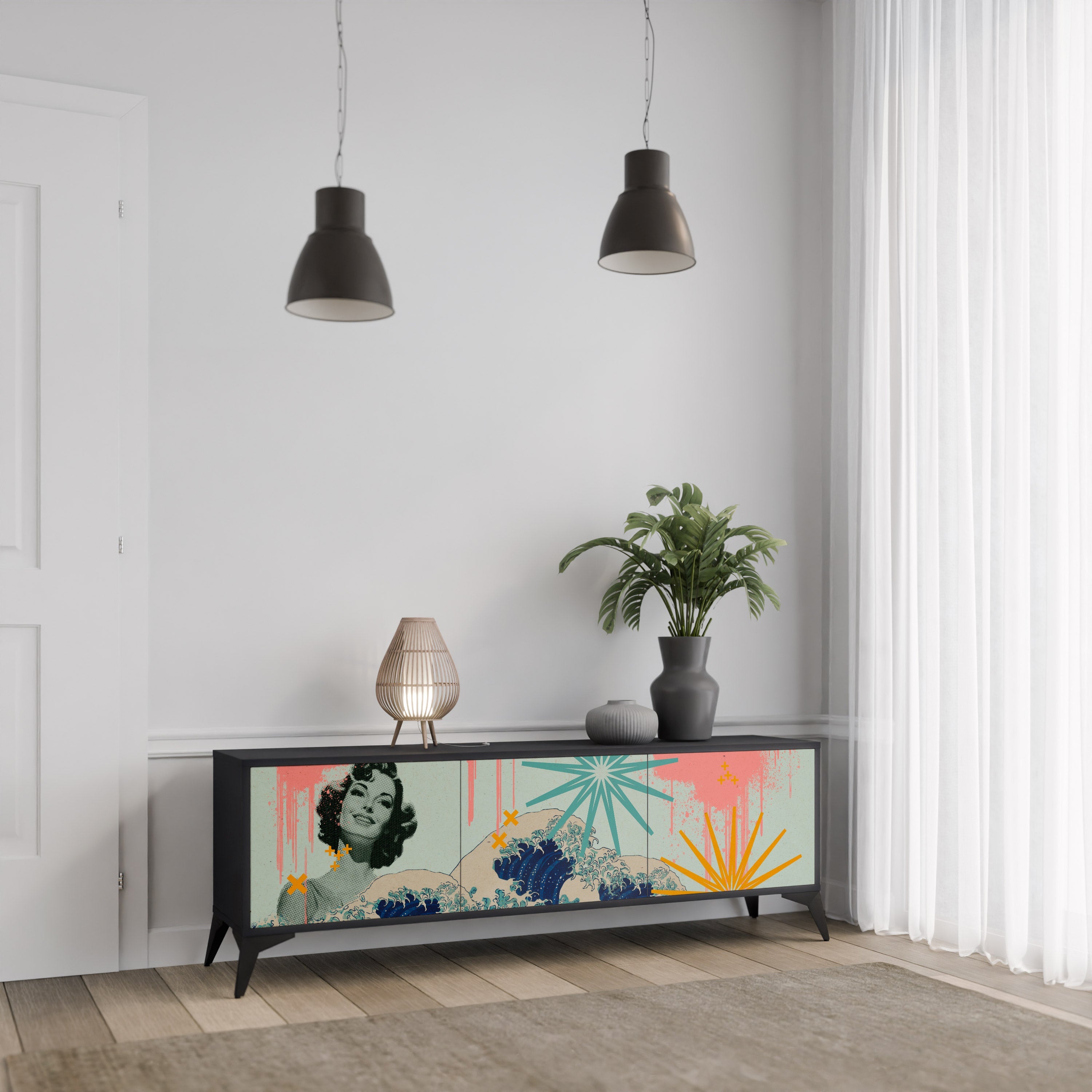 KANAGAWA BEAUTY Móvel de TV com 3 Portas em Acabamento Preto