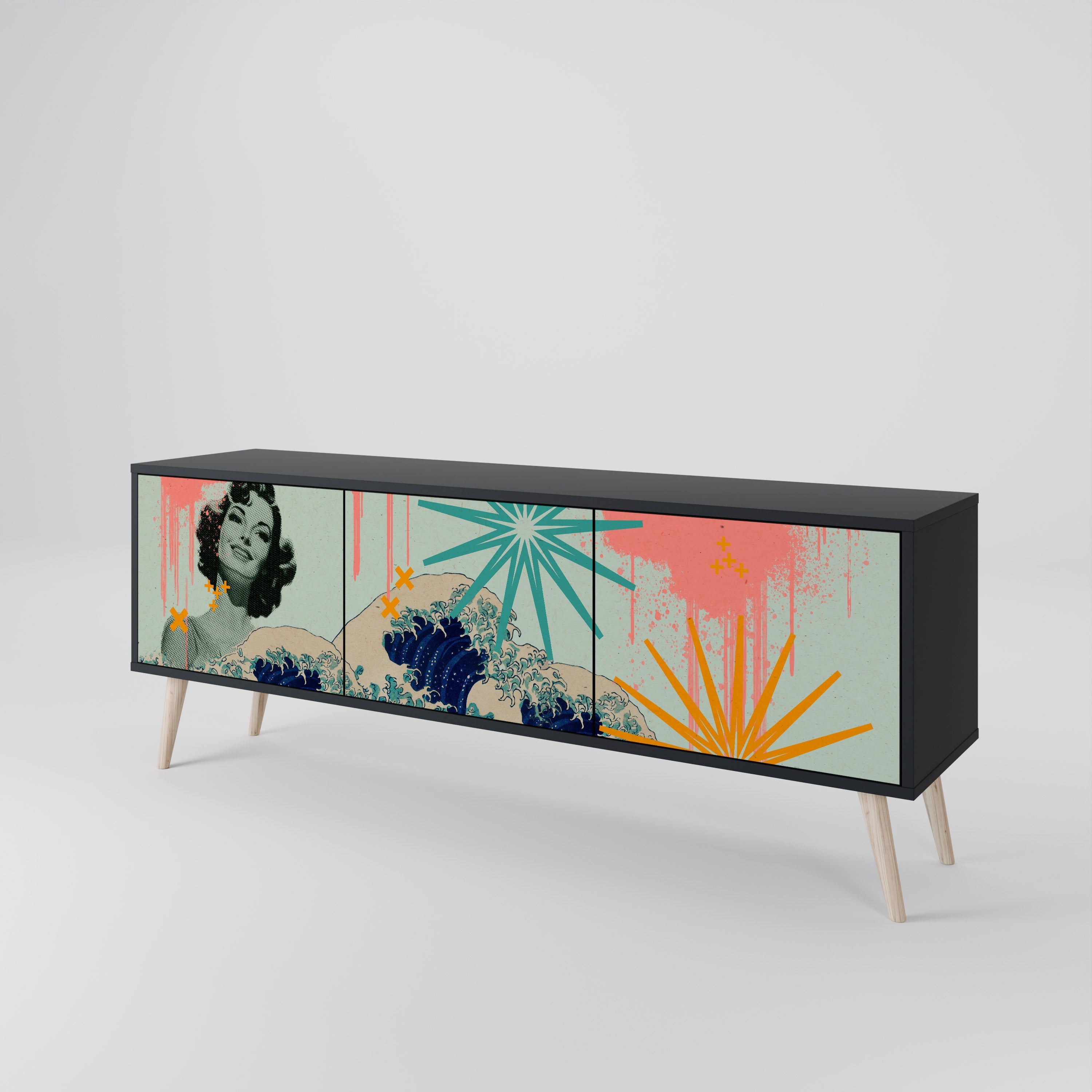 KANAGAWA BEAUTY Móvel de TV com 3 Portas em Acabamento Preto