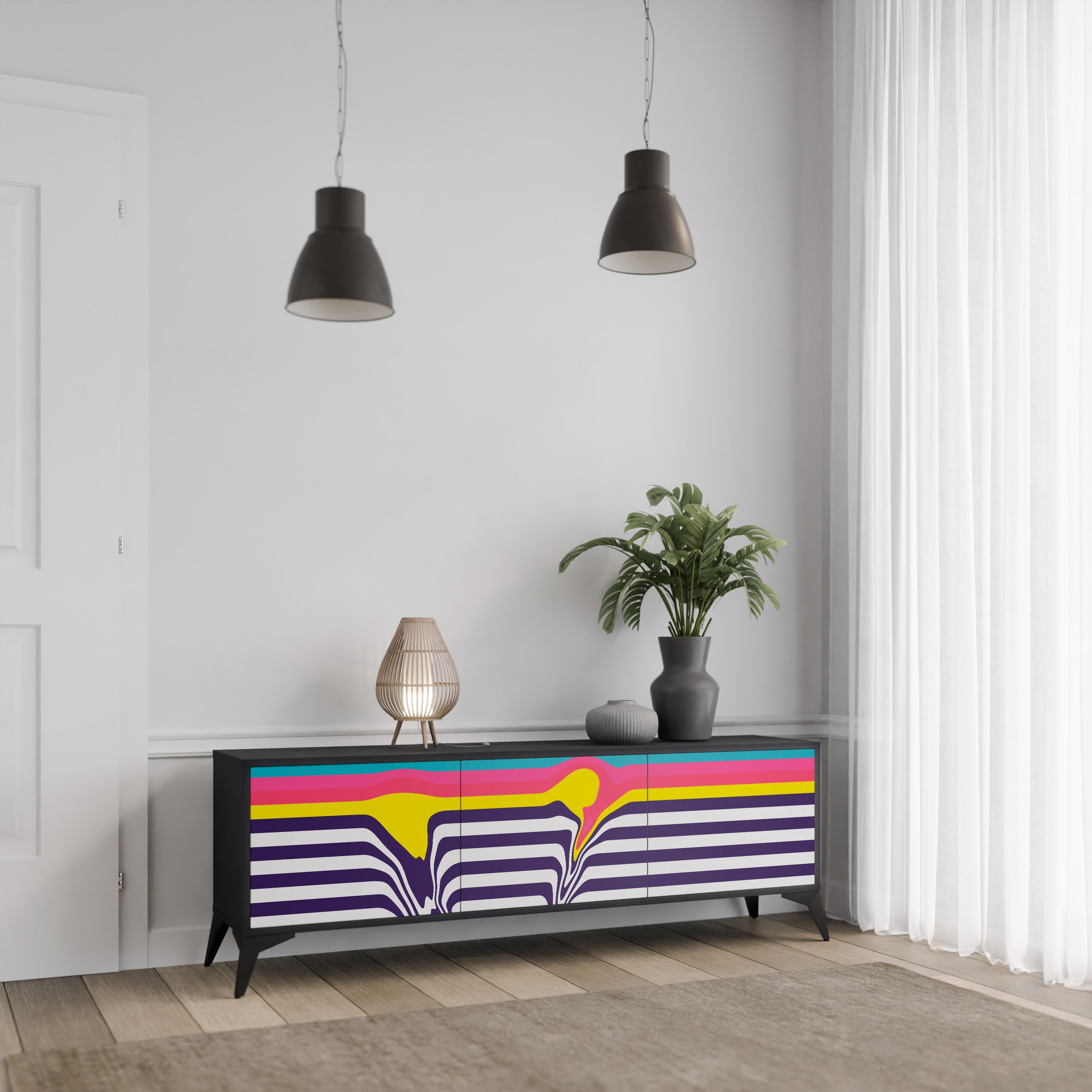 TONE COLLAPSE Móvel de TV com 3 Portas em Acabamento Preto