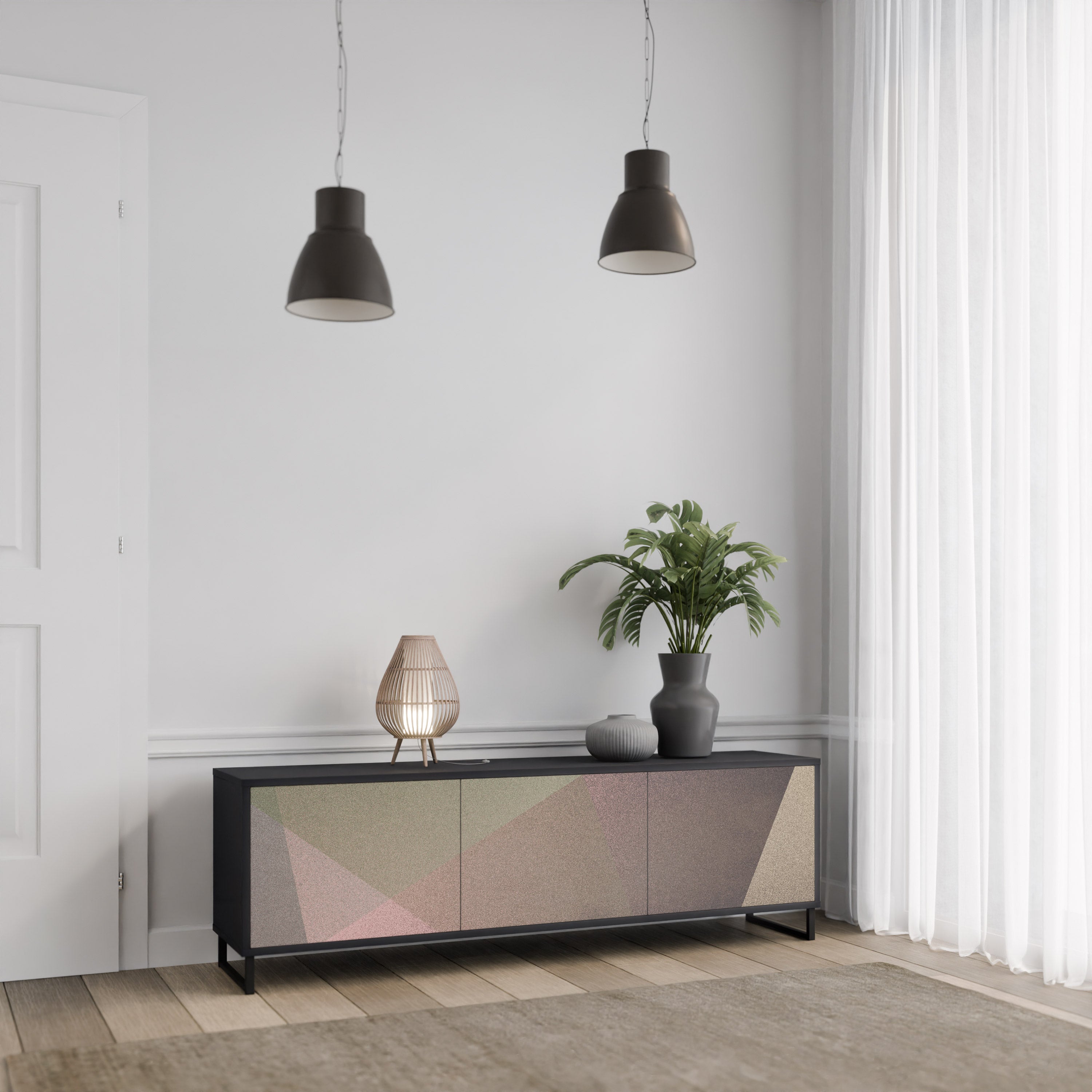 BEIGE GEOMETRY Móvel de TV com 3 Portas em Acabamento Preto