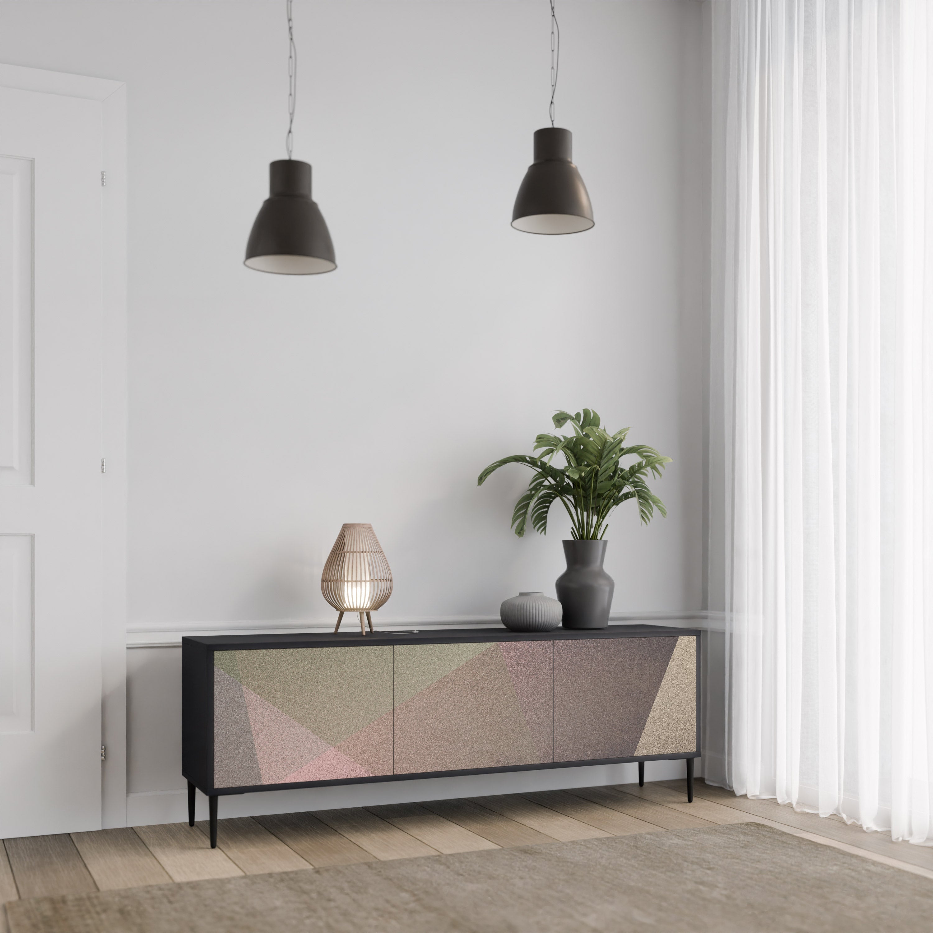 BEIGE GEOMETRY Móvel de TV com 3 Portas em Acabamento Preto