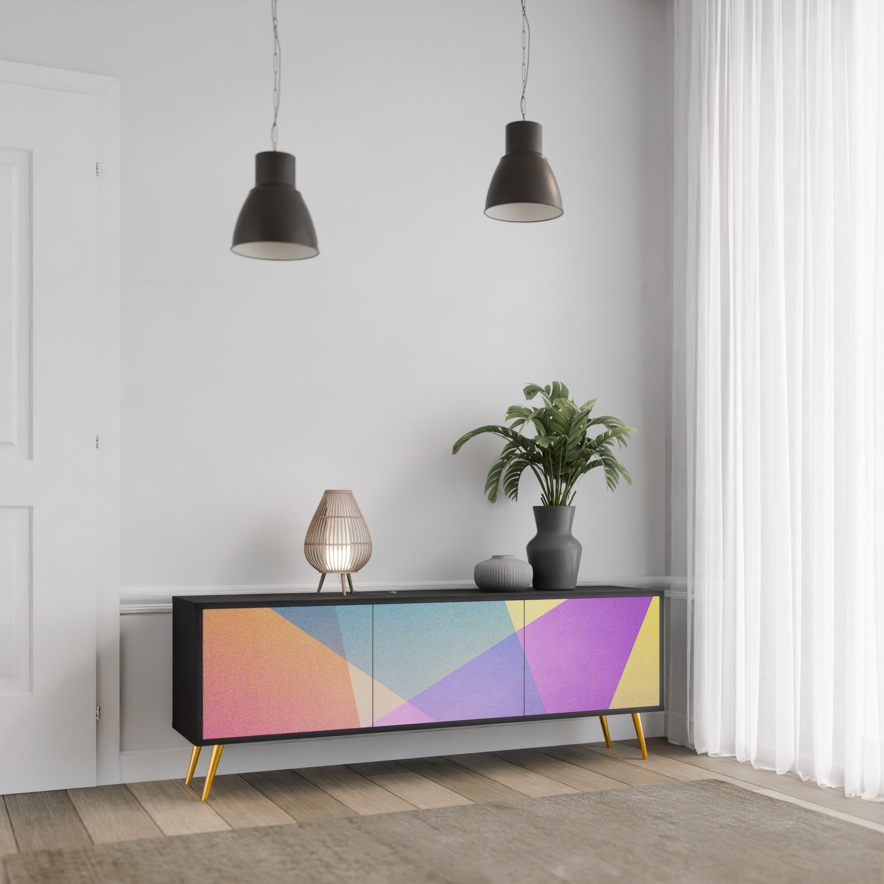 BRIGHT GEOMETRY Móvel de TV com 3 Portas em Acabamento Preto