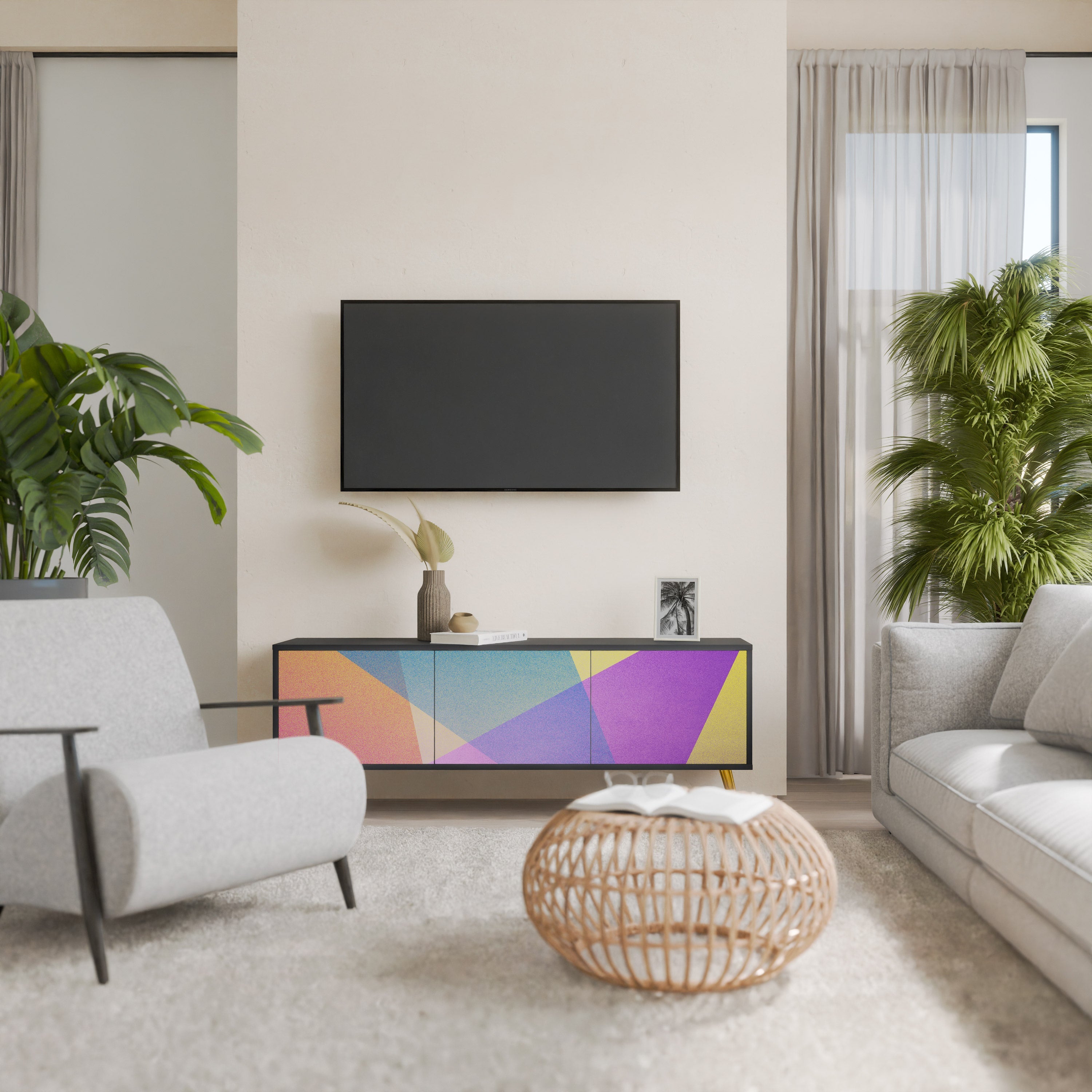 BRIGHT GEOMETRY Móvel de TV com 3 Portas em Acabamento Preto