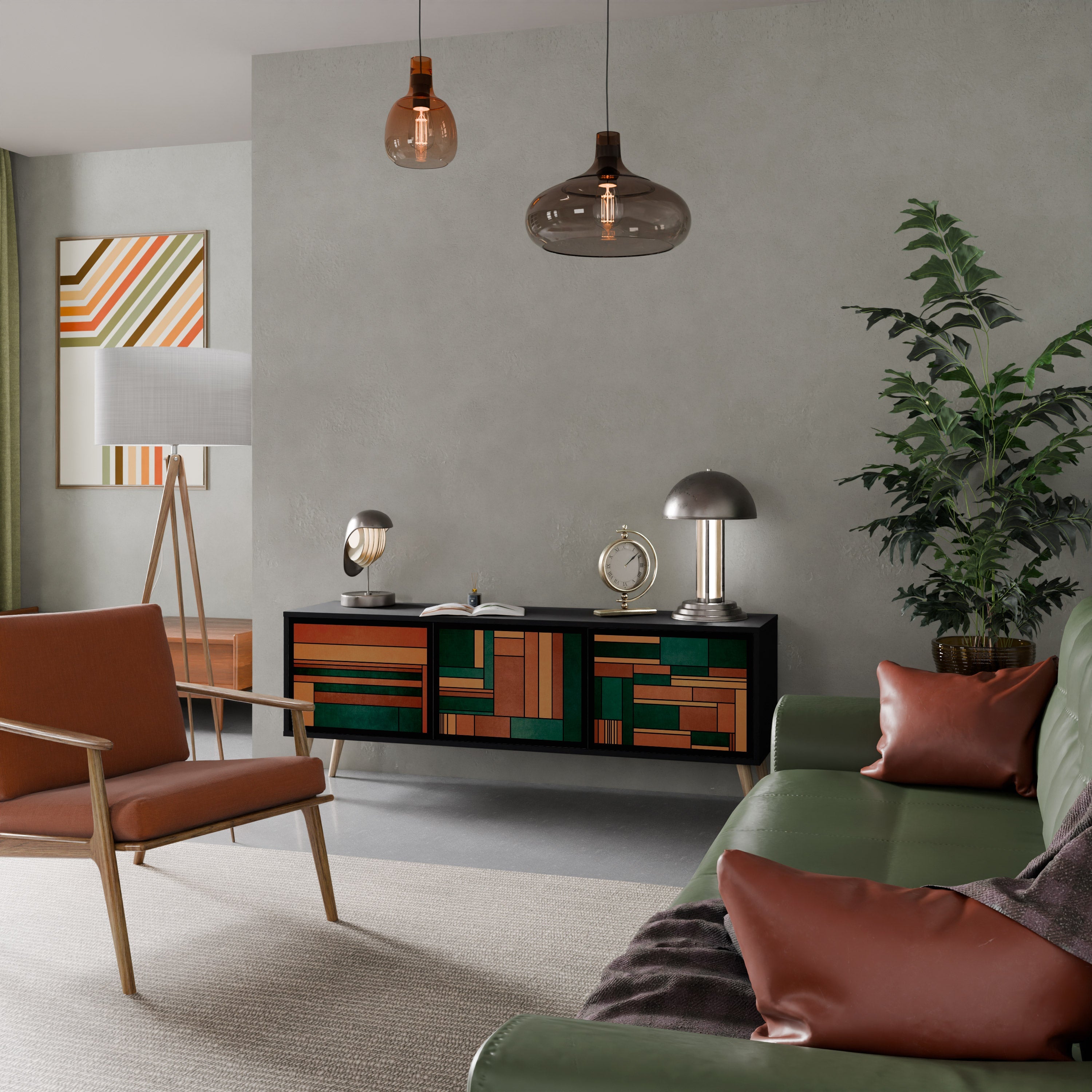 EARTHY FIGURES 3-Door TV Stand in Black Finish