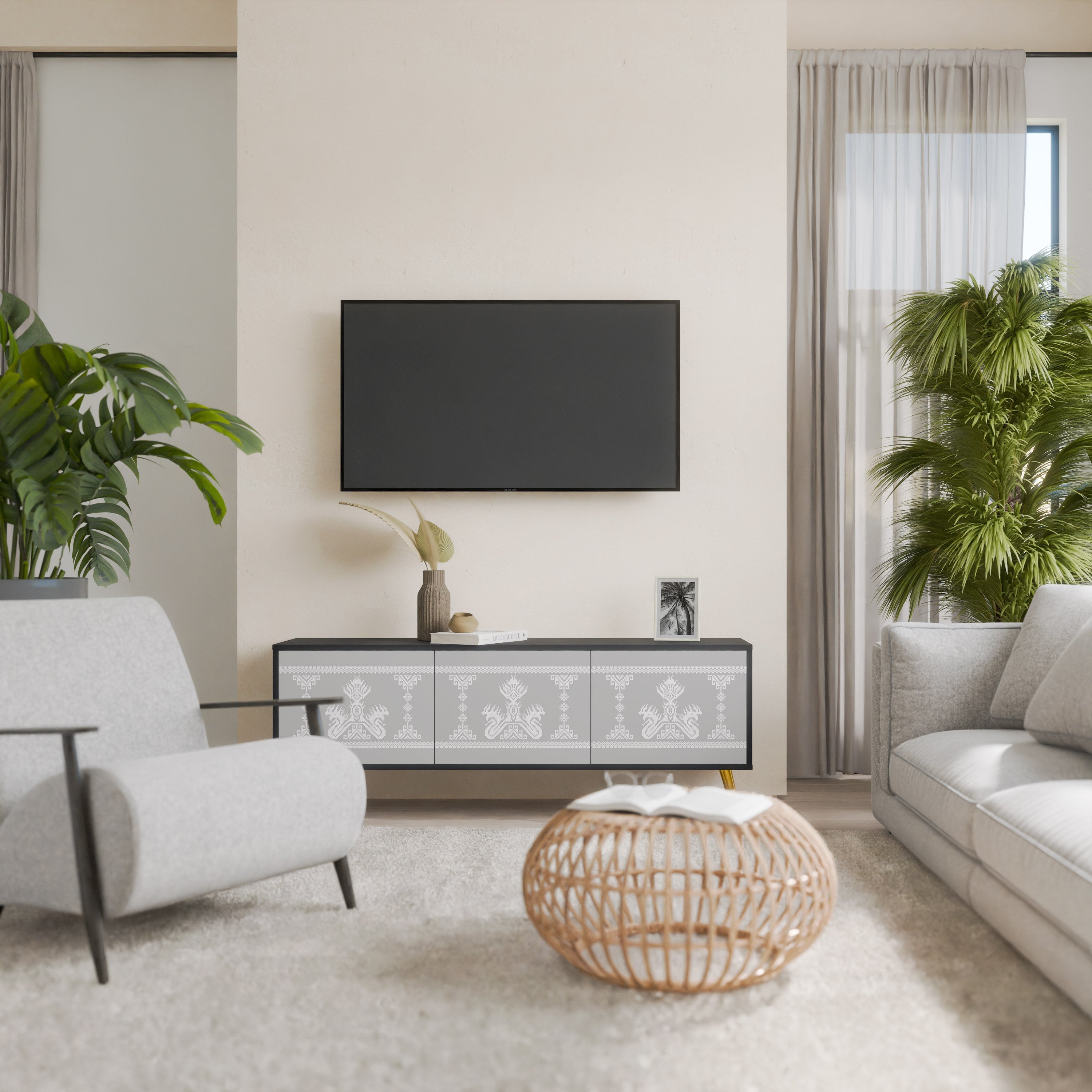 THAI GRAY Móvel de TV com 3 Portas em Acabamento Preto