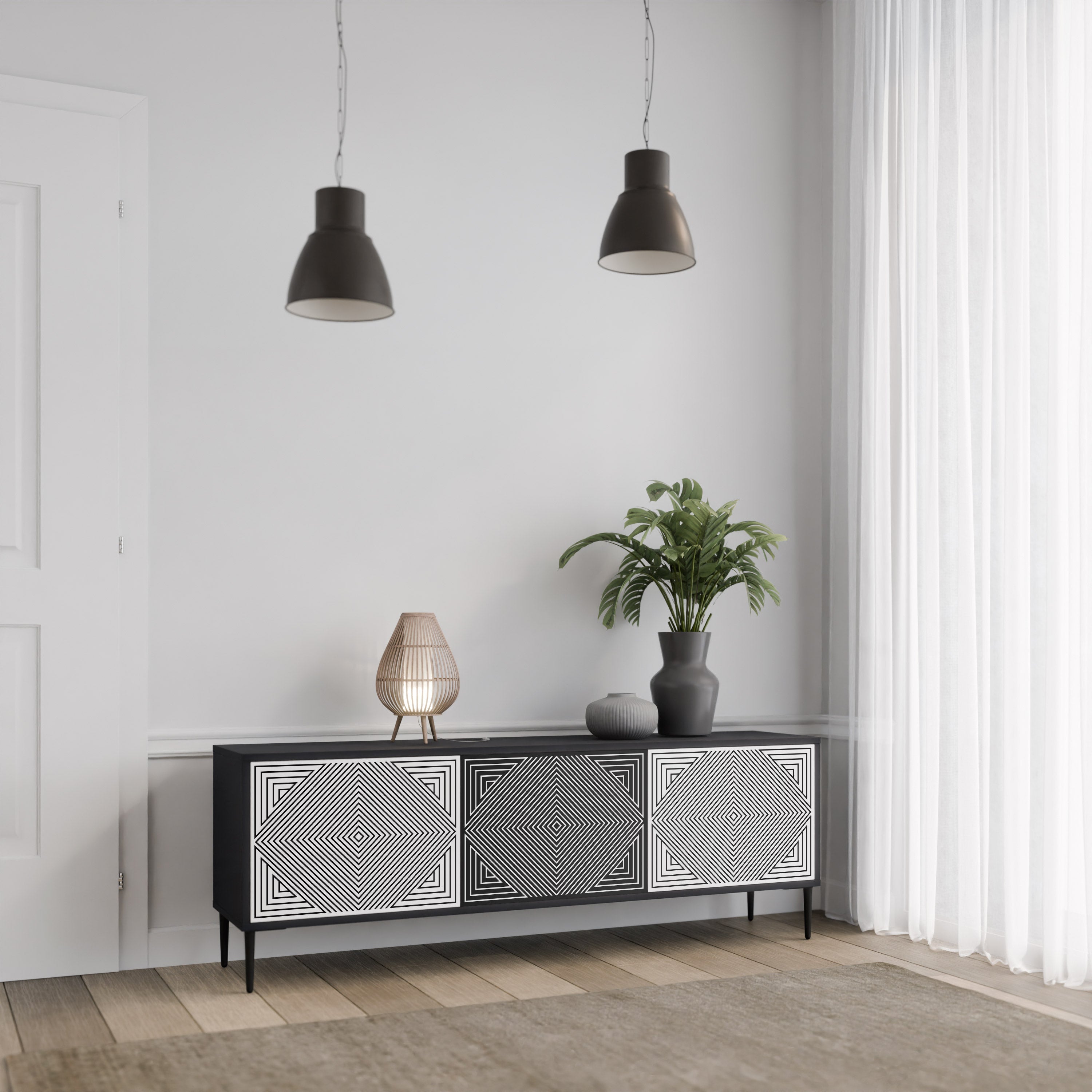 POLYGON ILLUSION Móvel de TV com 3 Portas em Acabamento Preto