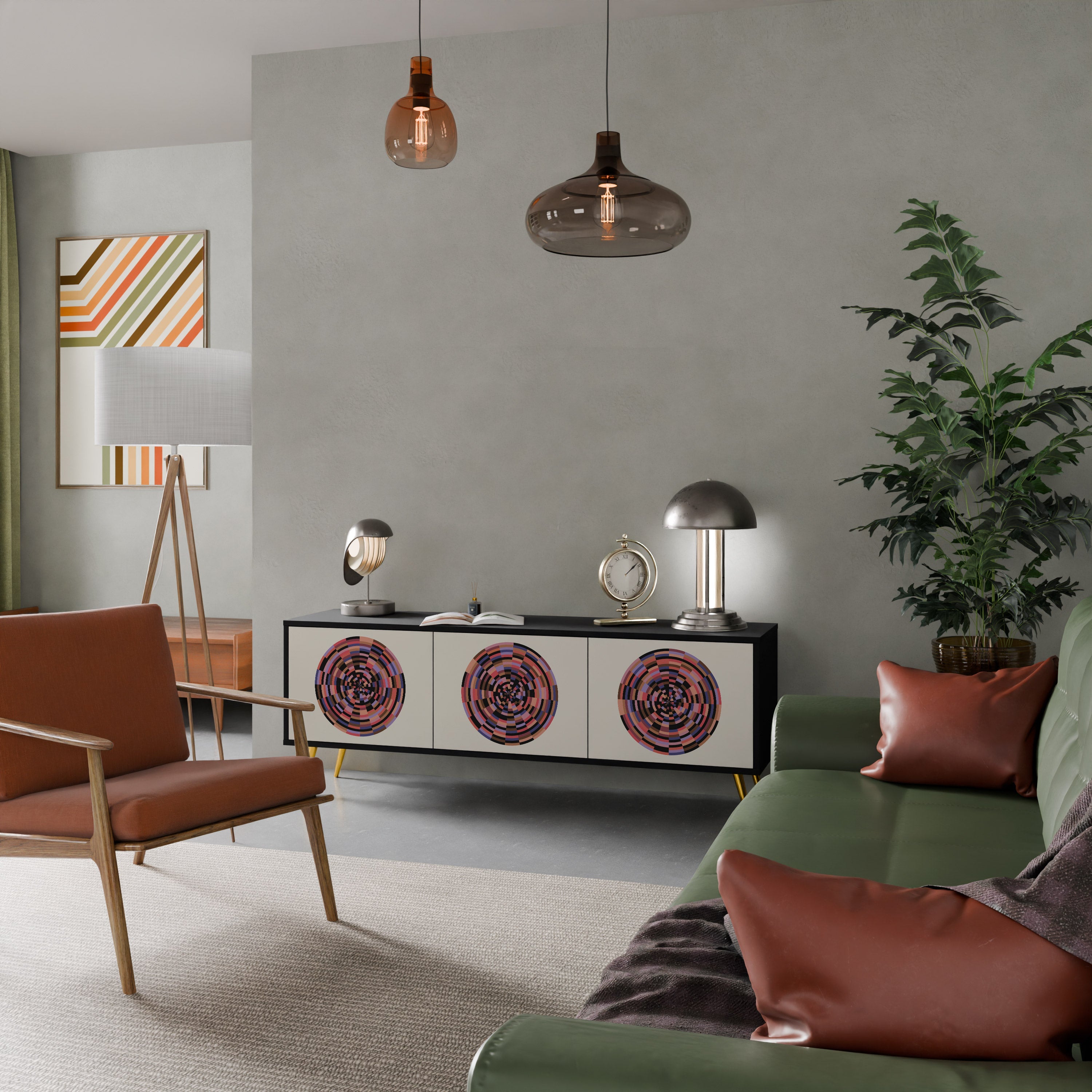 BROWN CIRCLES Móvel de TV com 3 Portas em Acabamento Preto