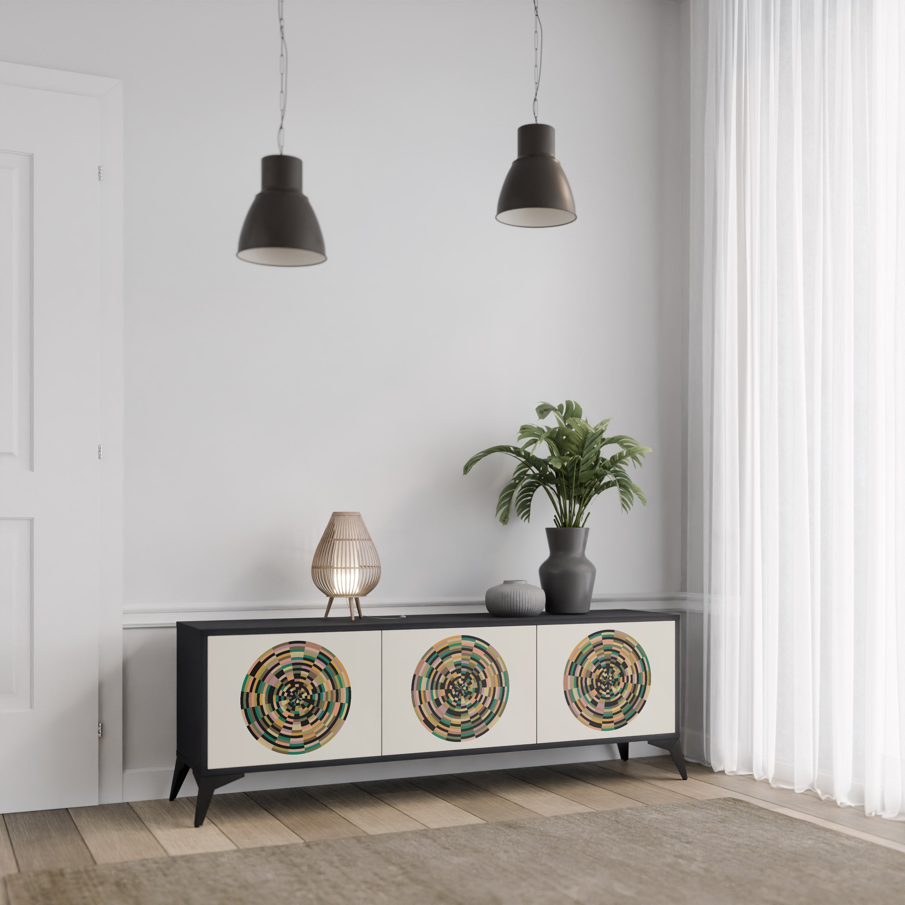 GREEN CIRCLES 3-Door TV Stand in Black Finish