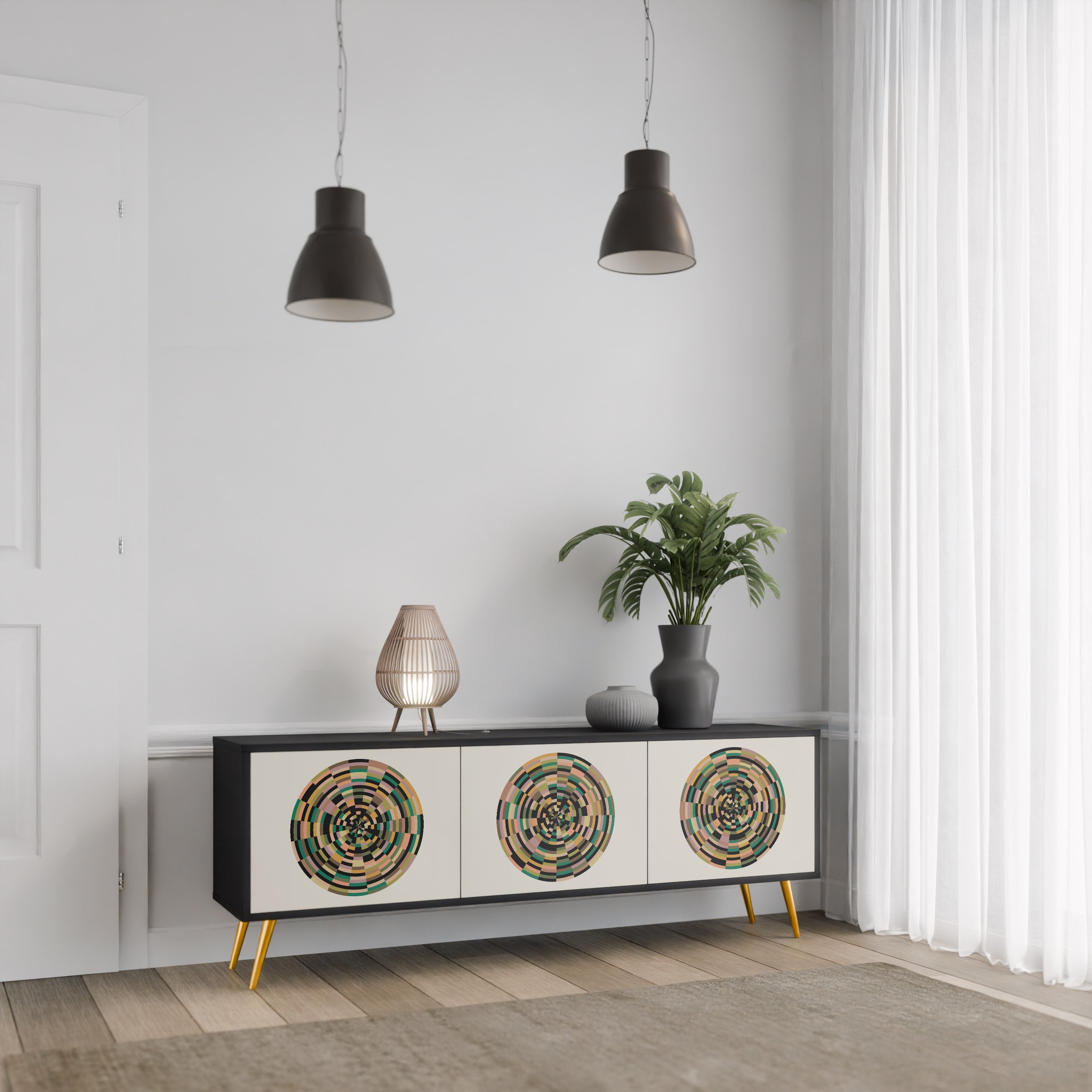 GREEN CIRCLES 3-Door TV Stand in Black Finish