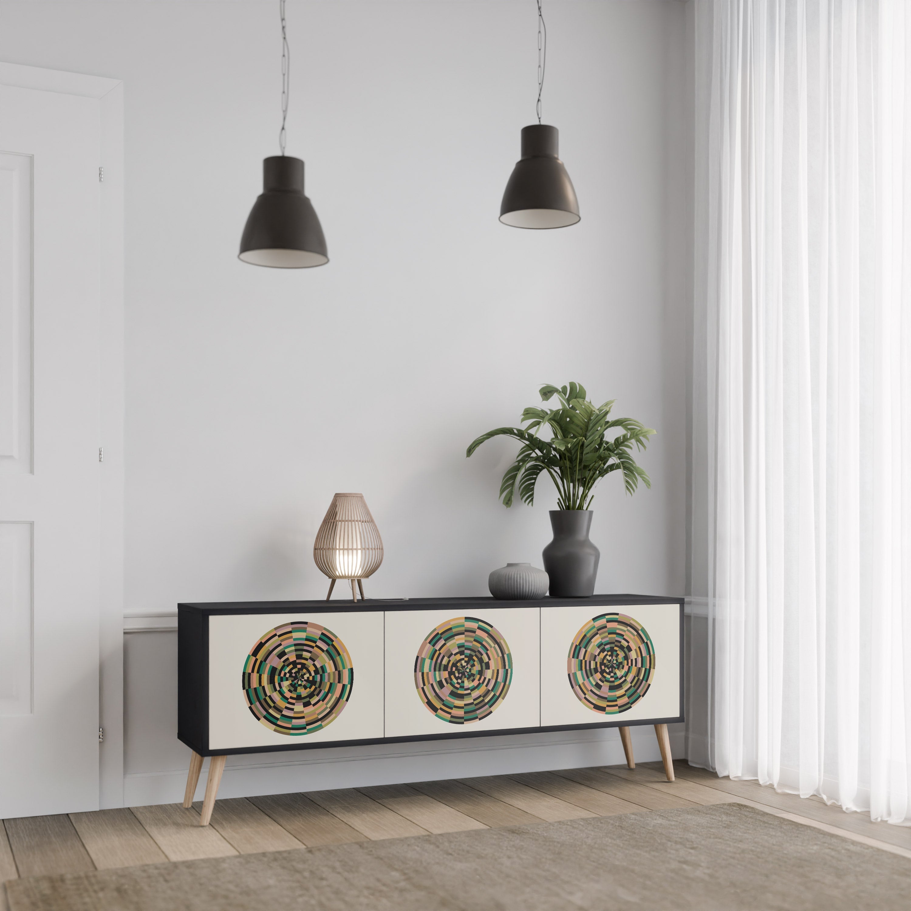 GREEN CIRCLES 3-Door TV Stand in Black Finish