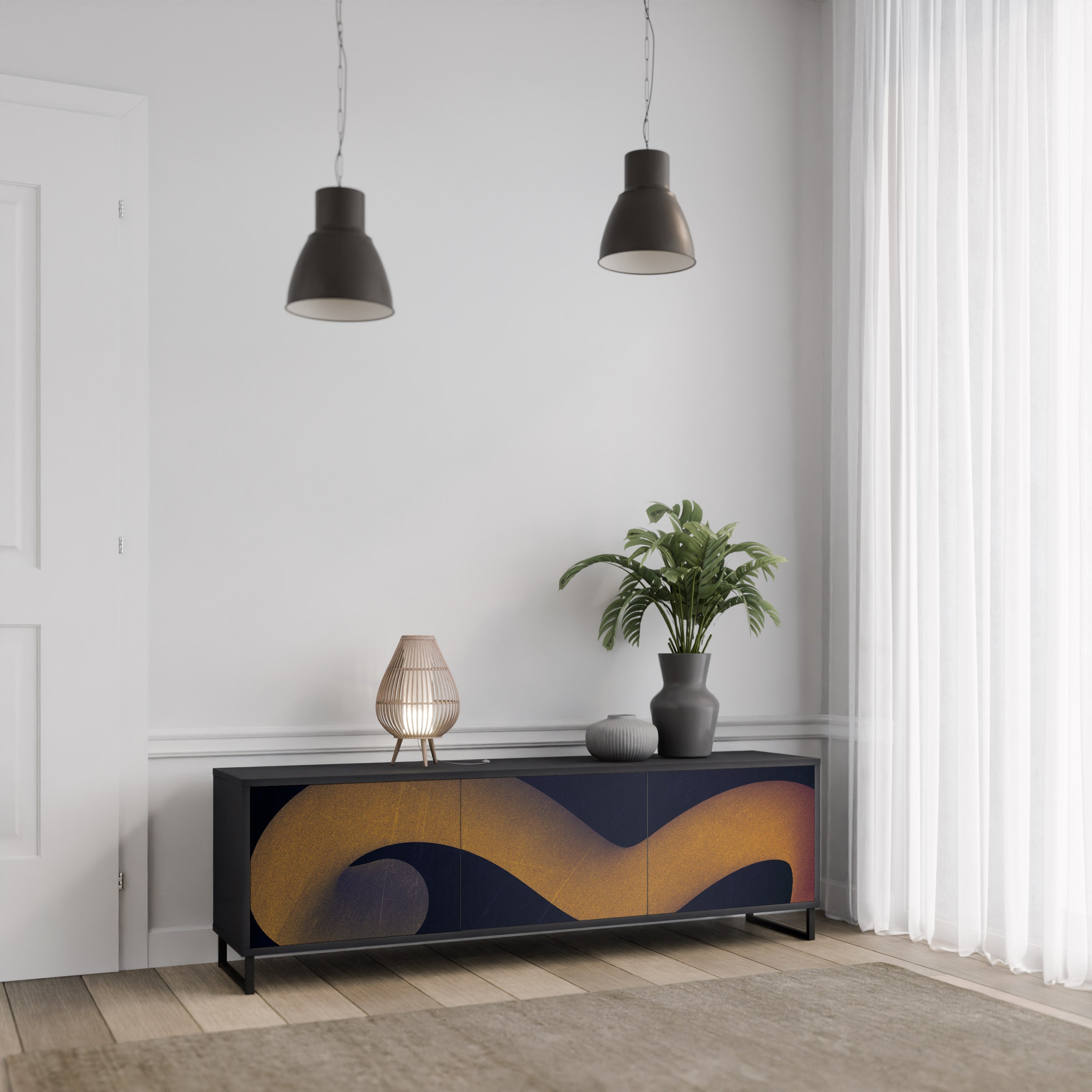 HOLLOW TIME Móvel de TV com 3 Portas em Acabamento Preto