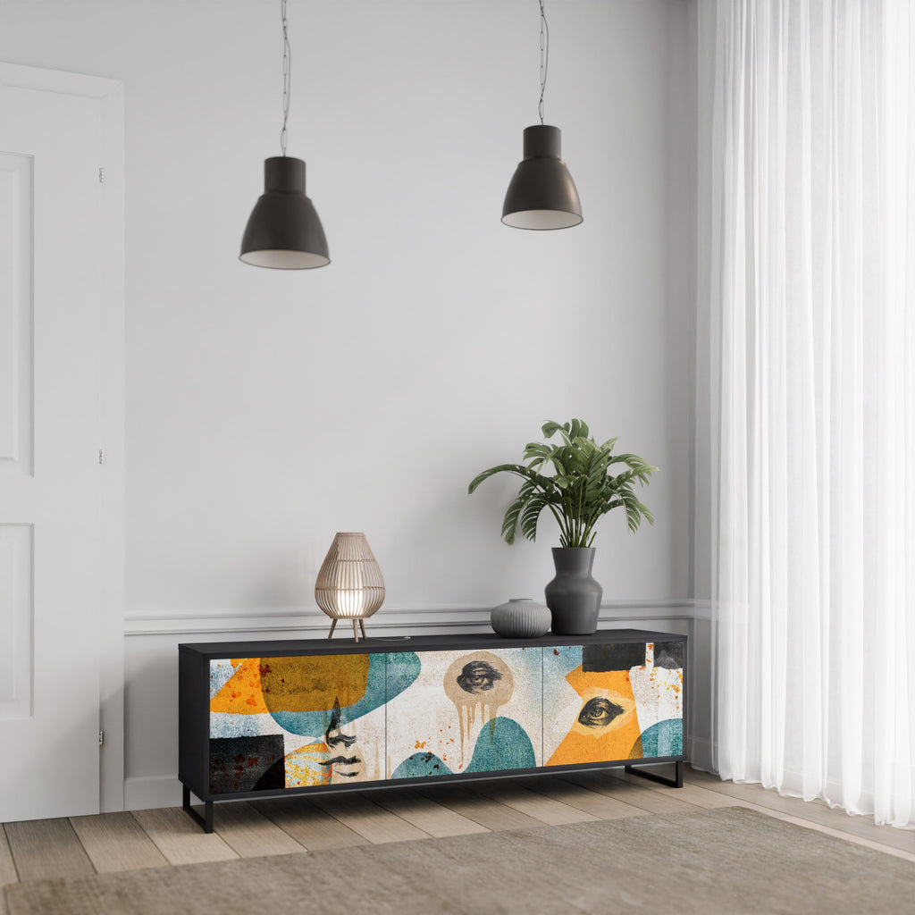 ABSTRACT FACES Móvel de TV com 3 Portas em Acabamento Preto