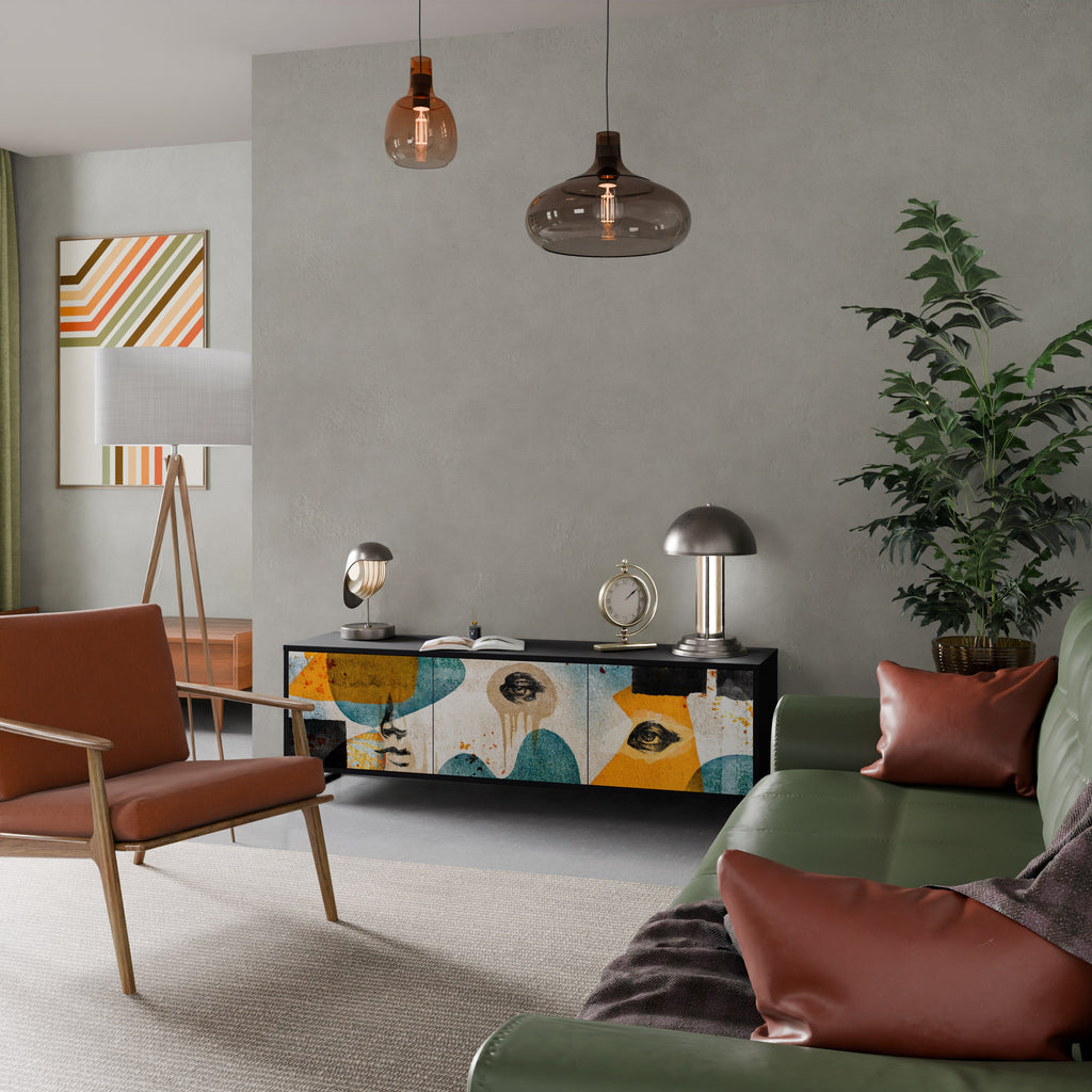 ABSTRACT FACES Móvel de TV com 3 Portas em Acabamento Preto