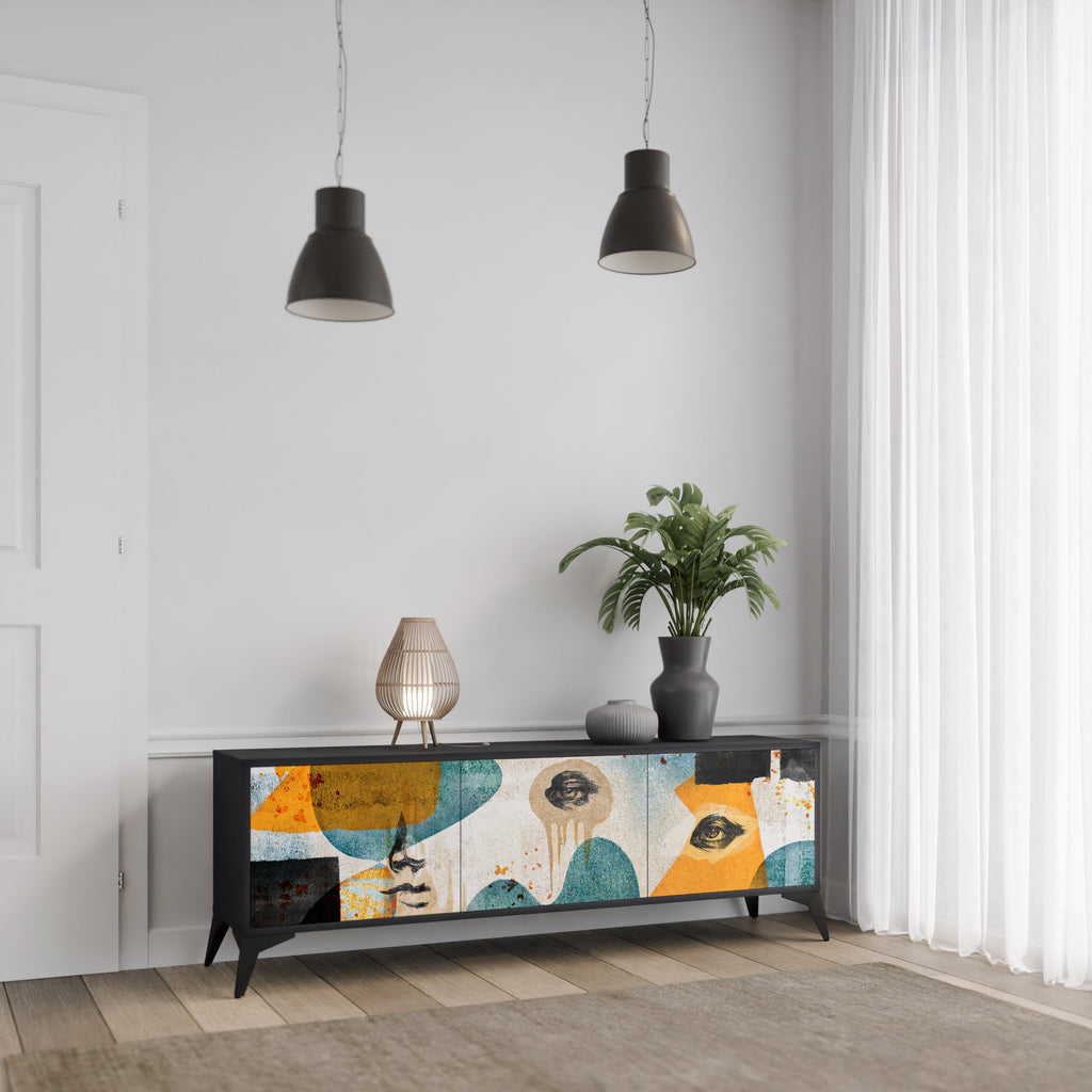 ABSTRACT FACES Móvel de TV com 3 Portas em Acabamento Preto