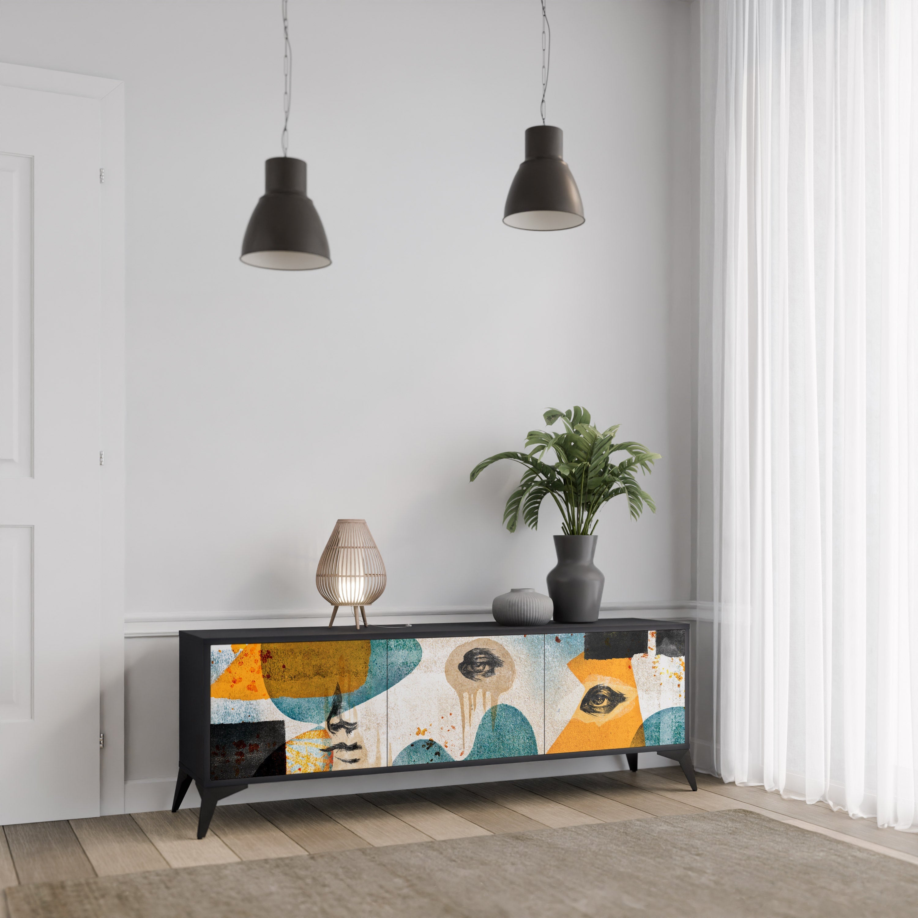 ABSTRACT FACES Móvel de TV com 3 Portas em Acabamento Preto