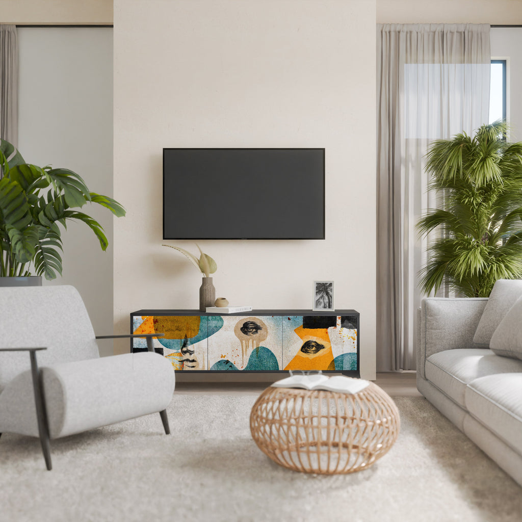ABSTRACT FACES Móvel de TV com 3 Portas em Acabamento Preto