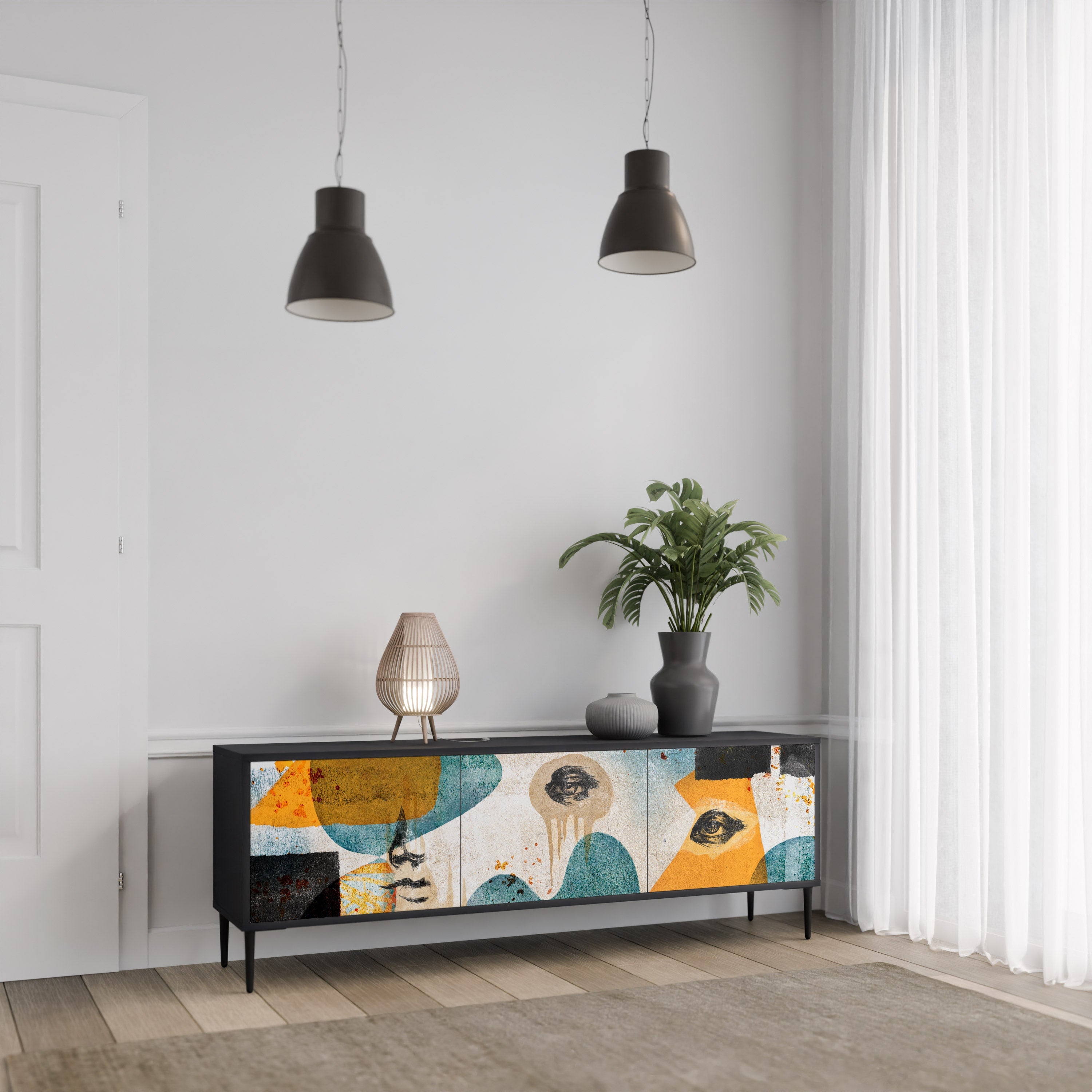 ABSTRACT FACES Móvel de TV com 3 Portas em Acabamento Preto