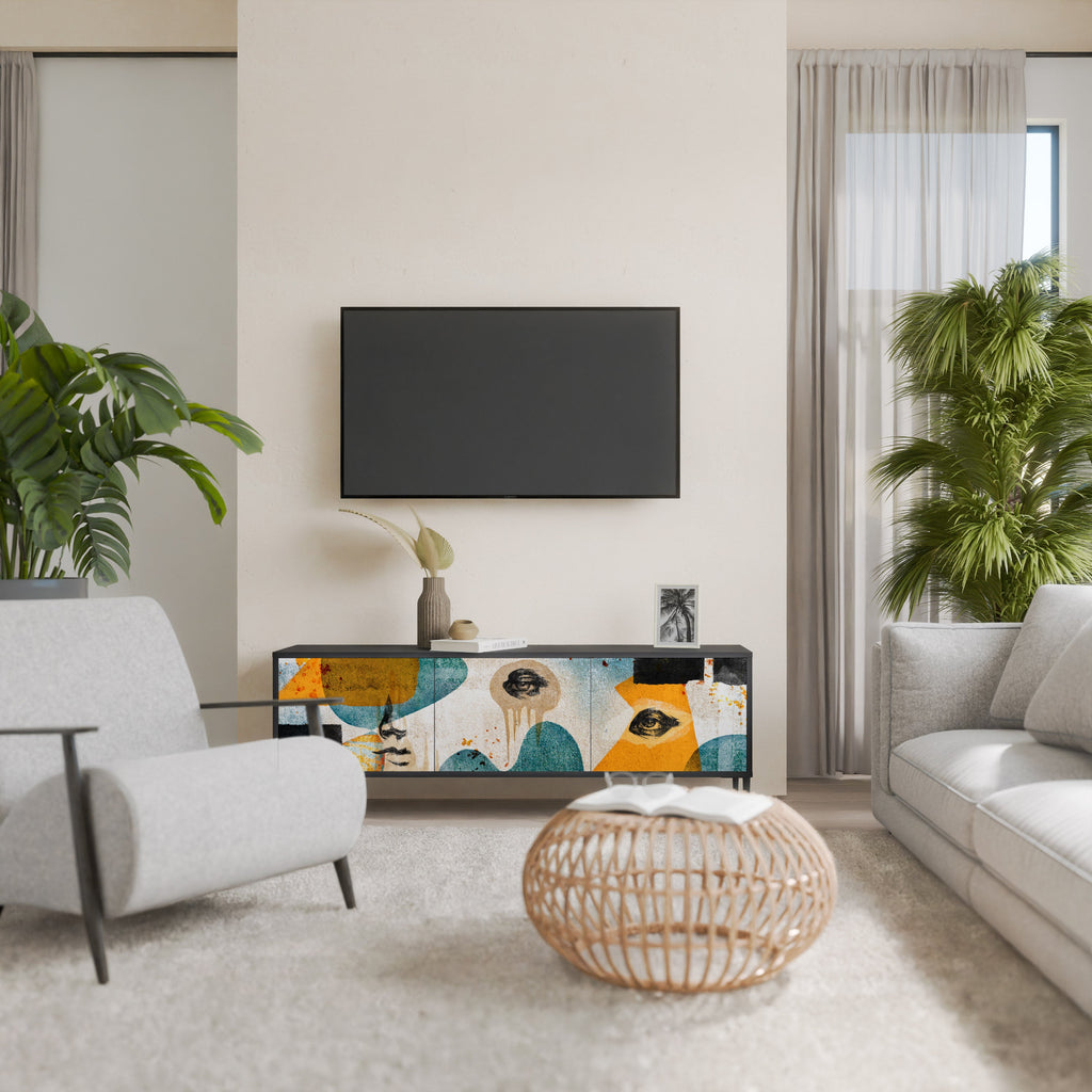 ABSTRACT FACES Móvel de TV com 3 Portas em Acabamento Preto