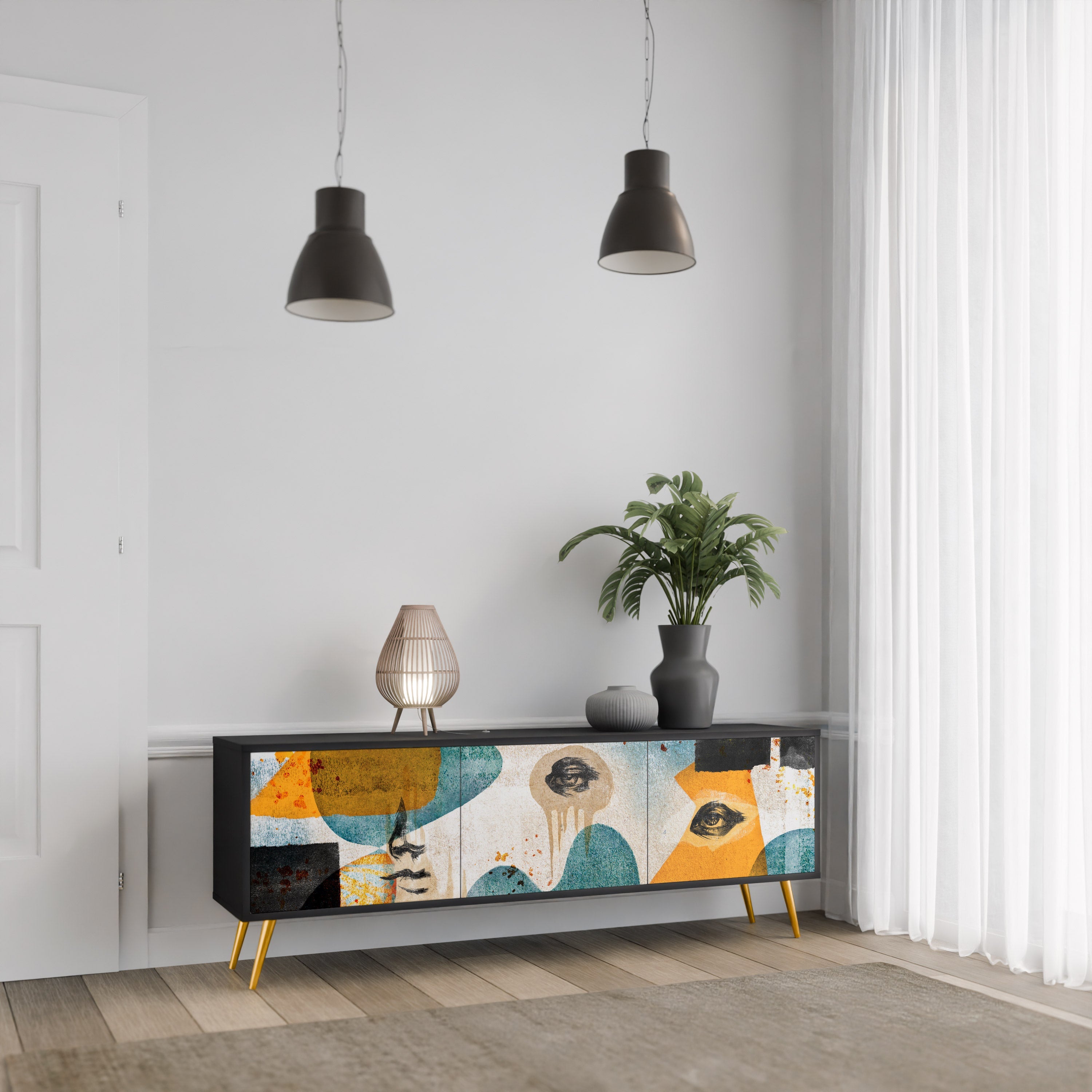 ABSTRACT FACES Móvel de TV com 3 Portas em Acabamento Preto