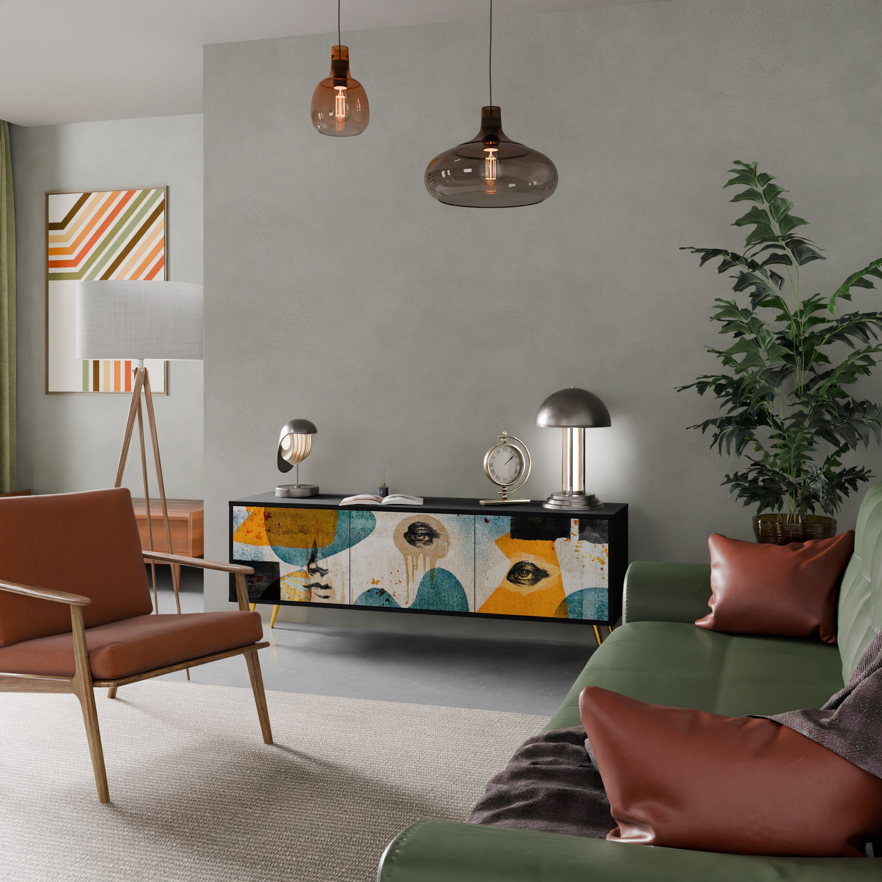 ABSTRACT FACES Móvel de TV com 3 Portas em Acabamento Preto