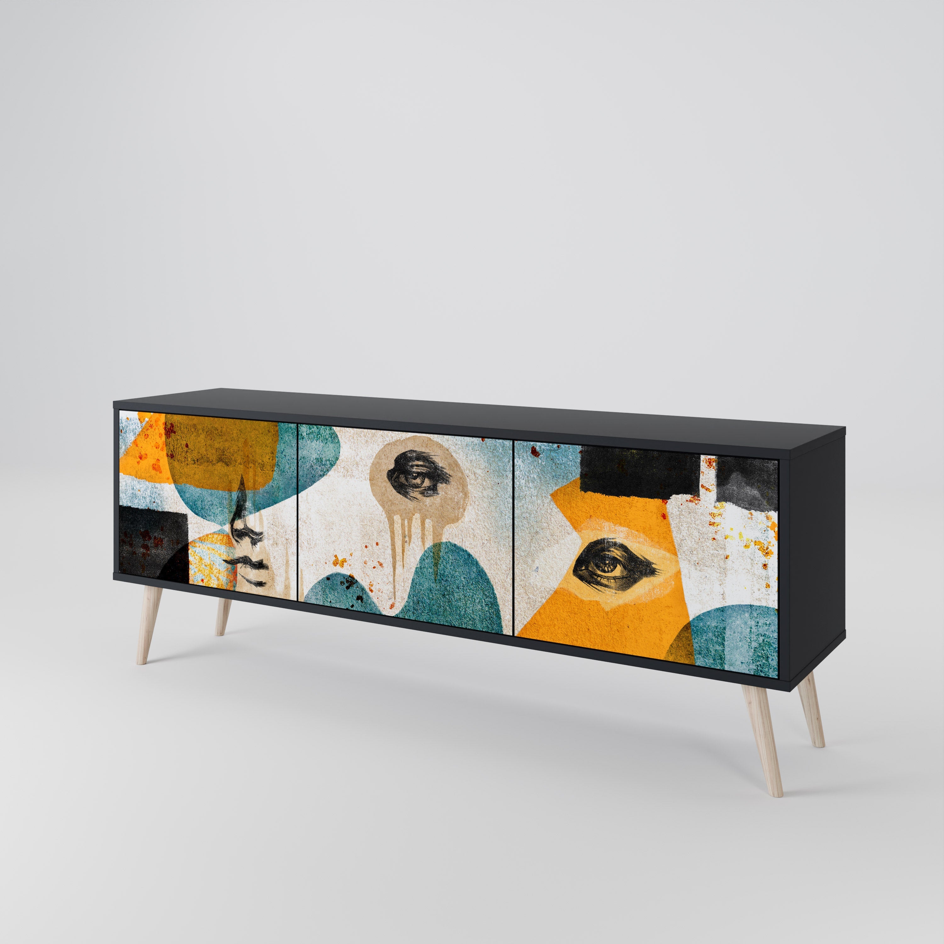 ABSTRACT FACES Móvel de TV com 3 Portas em Acabamento Preto