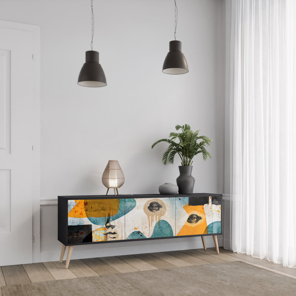 ABSTRACT FACES Móvel de TV com 3 Portas em Acabamento Preto