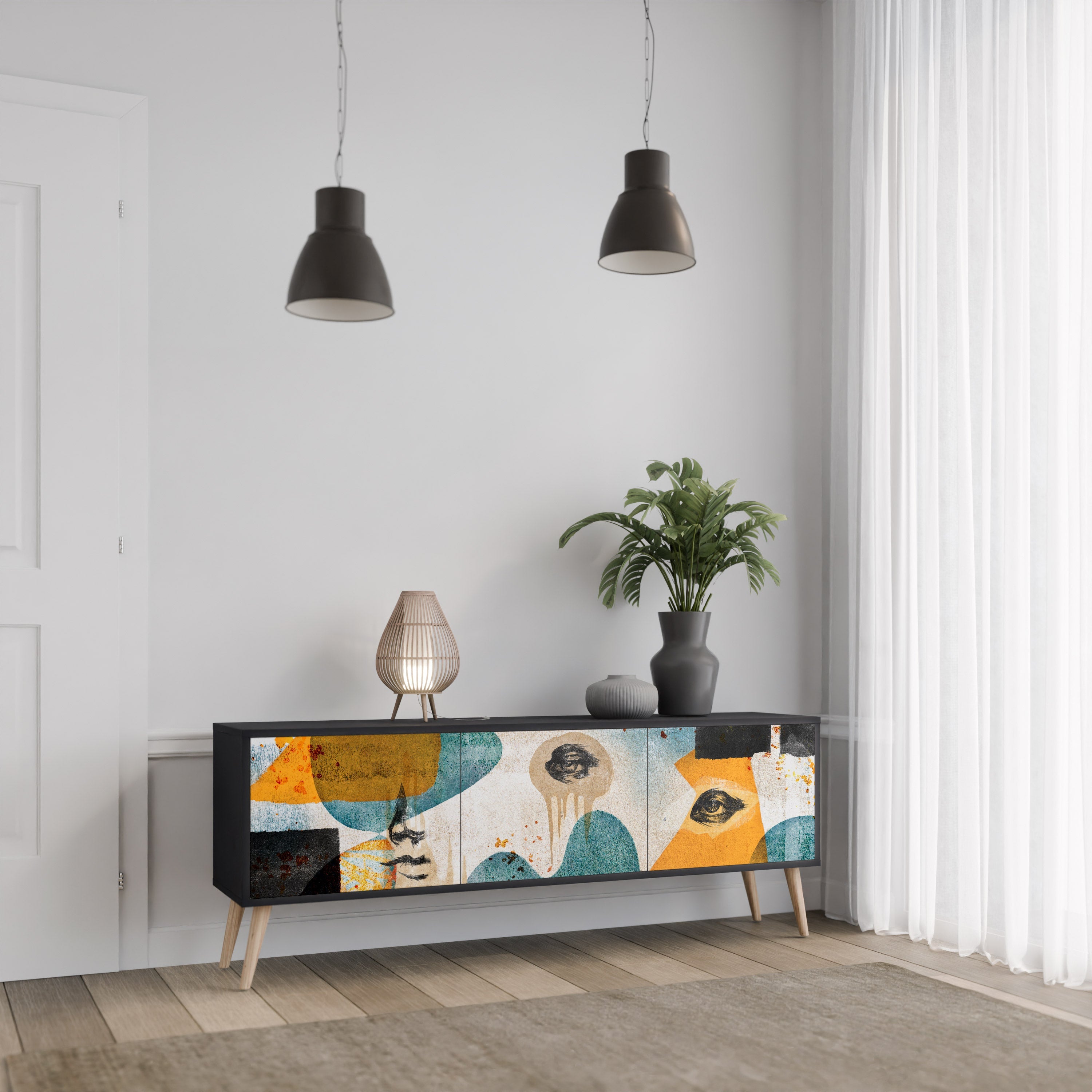 ABSTRACT FACES Móvel de TV com 3 Portas em Acabamento Preto