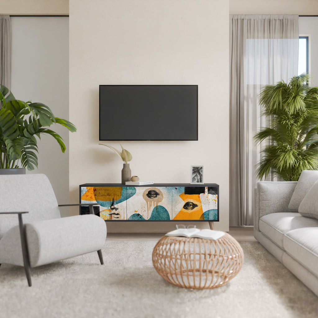 ABSTRACT FACES Móvel de TV com 3 Portas em Acabamento Preto