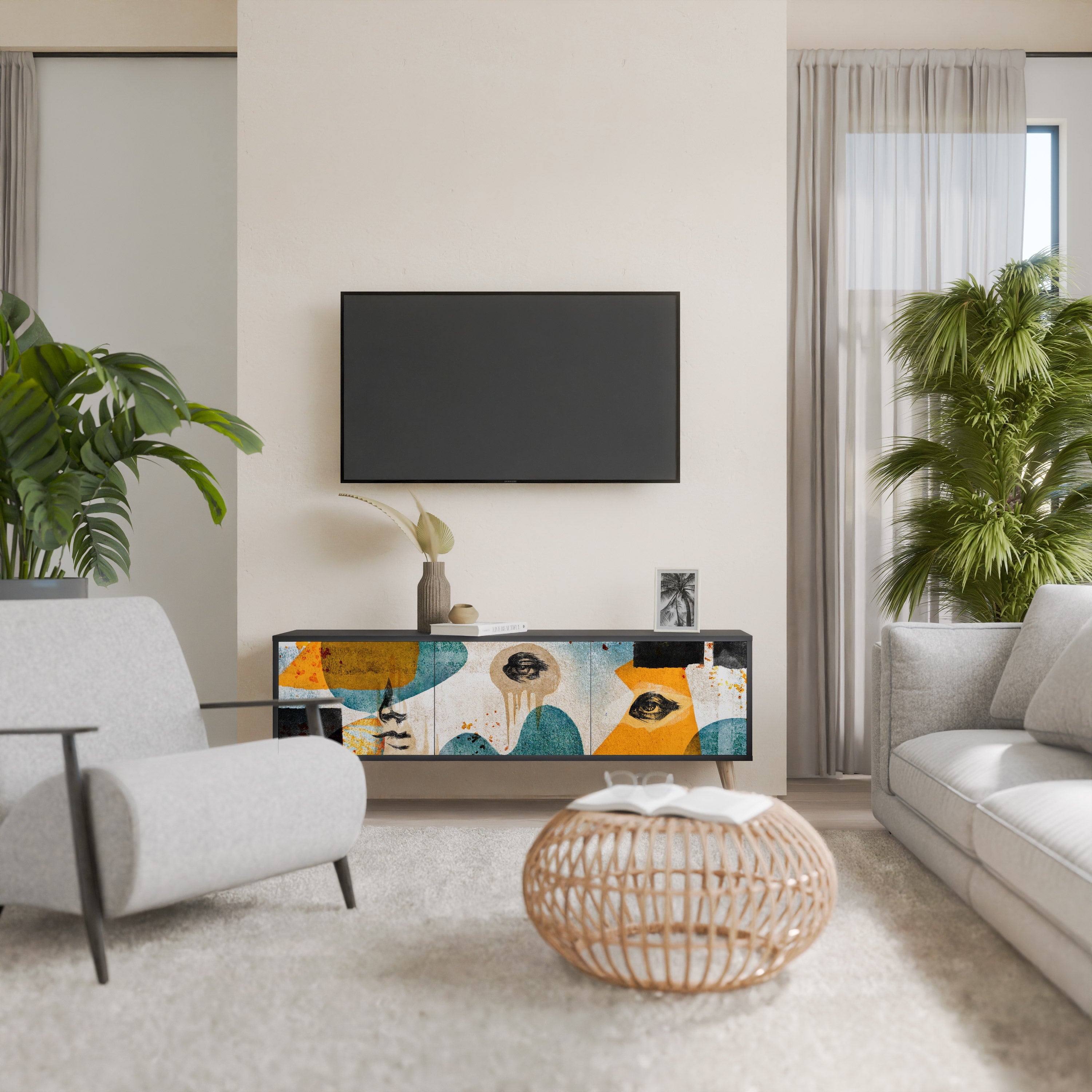 ABSTRACT FACES Móvel de TV com 3 Portas em Acabamento Preto