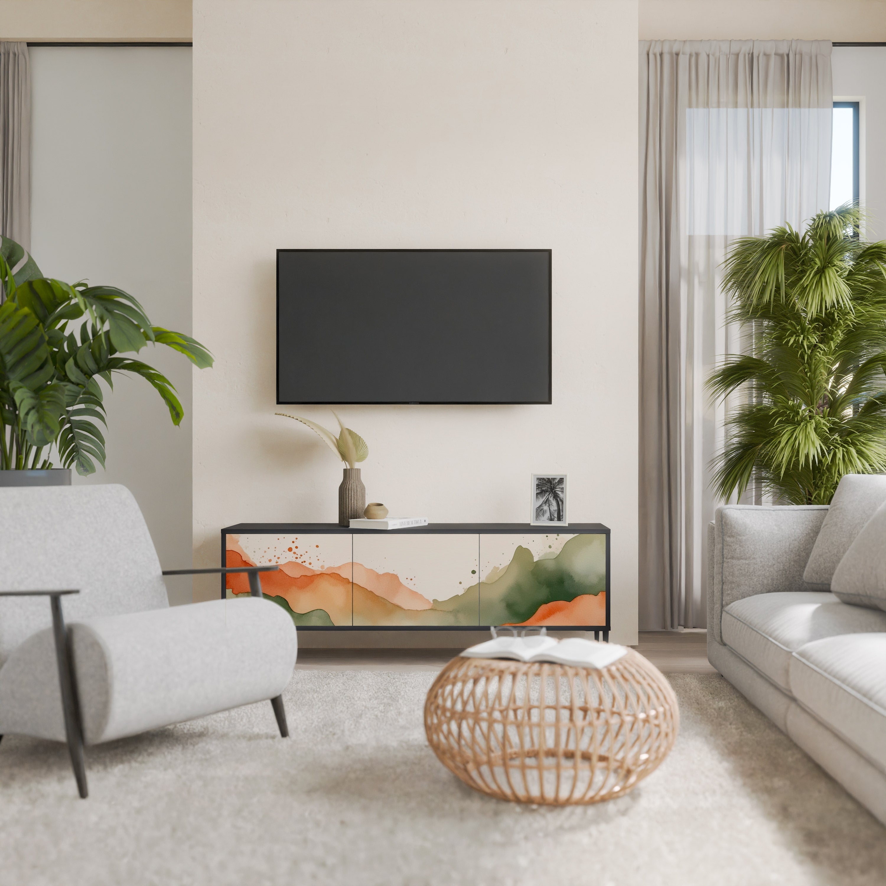 WATERCOLOUR PEAKS Móvel de TV com 3 Portas em Acabamento Preto