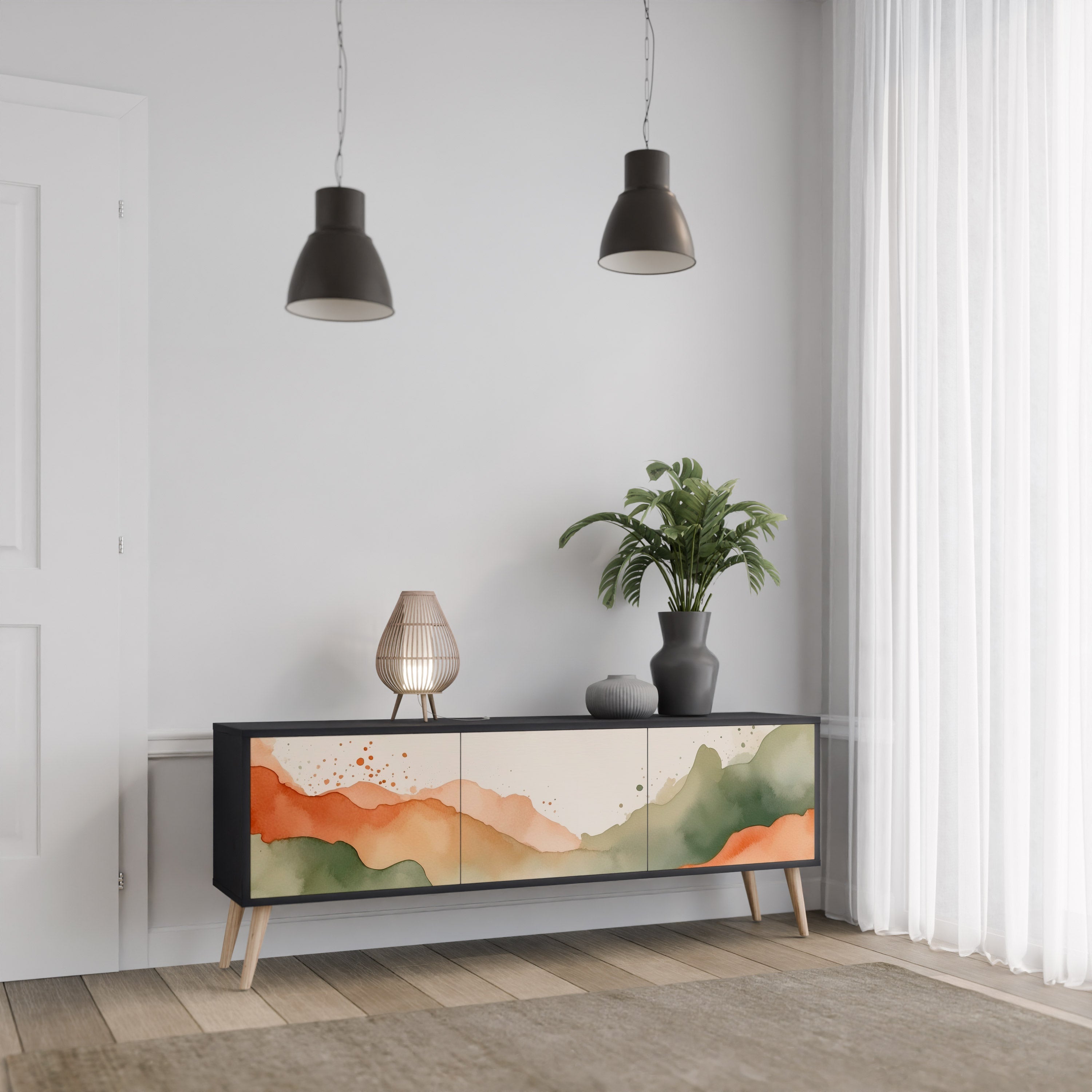 WATERCOLOUR PEAKS Móvel de TV com 3 Portas em Acabamento Preto