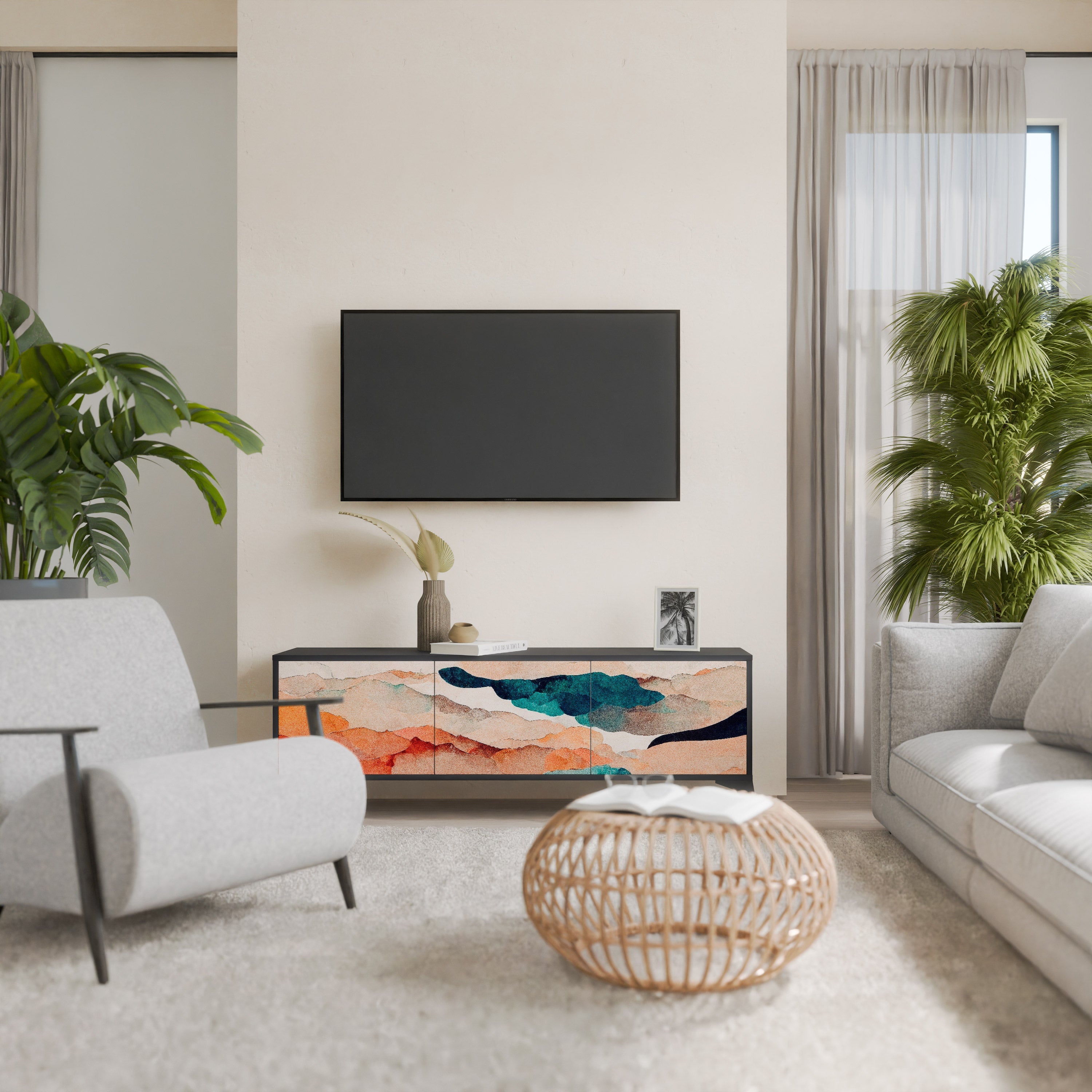 ABSTRACT LANDSCAPE Móvel de TV com 3 Portas em Acabamento Preto