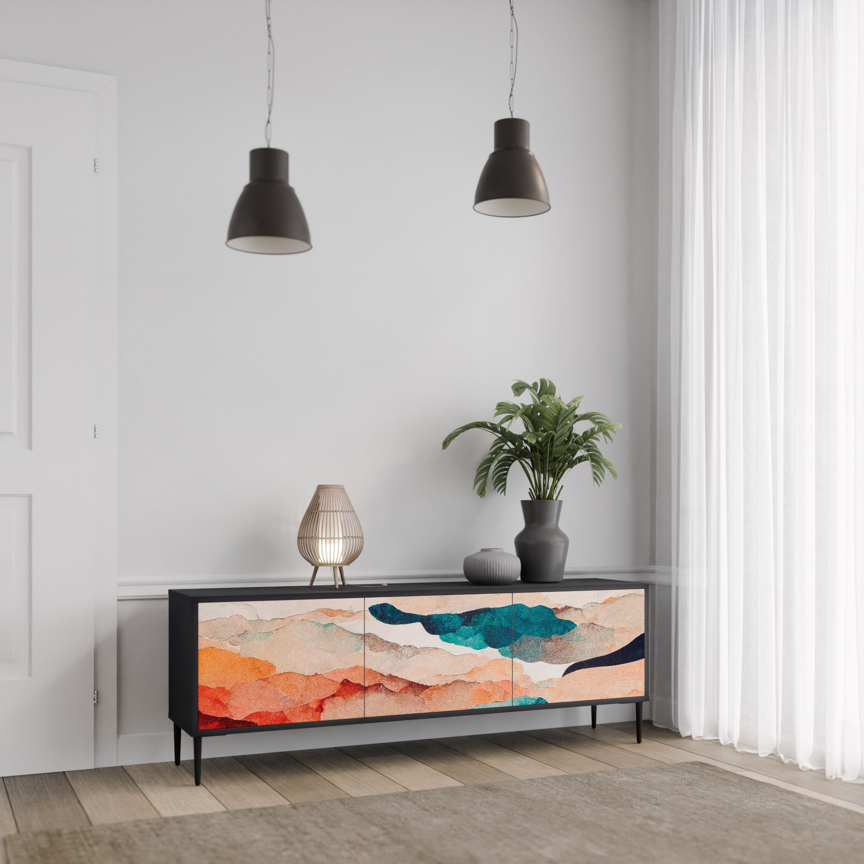 ABSTRACT LANDSCAPE Móvel de TV com 3 Portas em Acabamento Preto