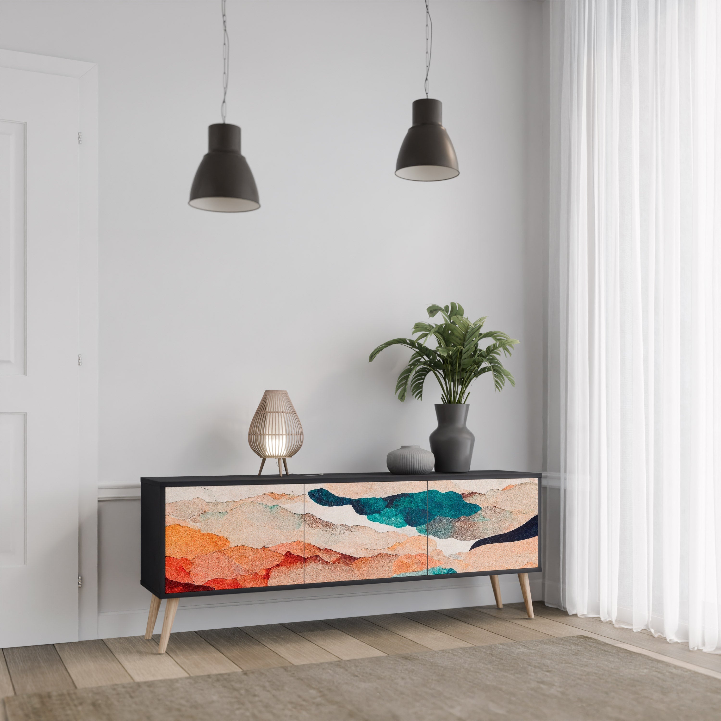 ABSTRACT LANDSCAPE Móvel de TV com 3 Portas em Acabamento Preto