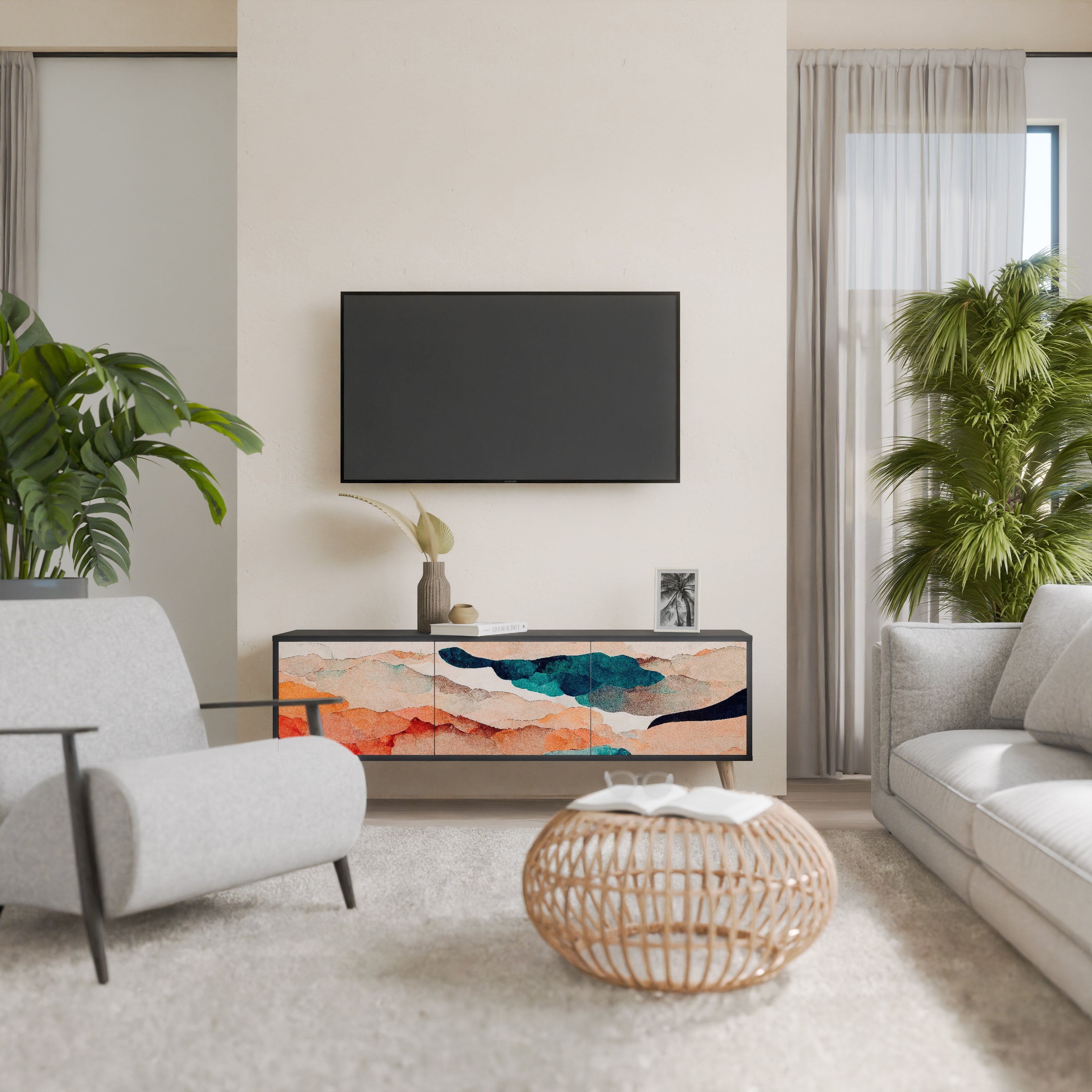 ABSTRACT LANDSCAPE Móvel de TV com 3 Portas em Acabamento Preto