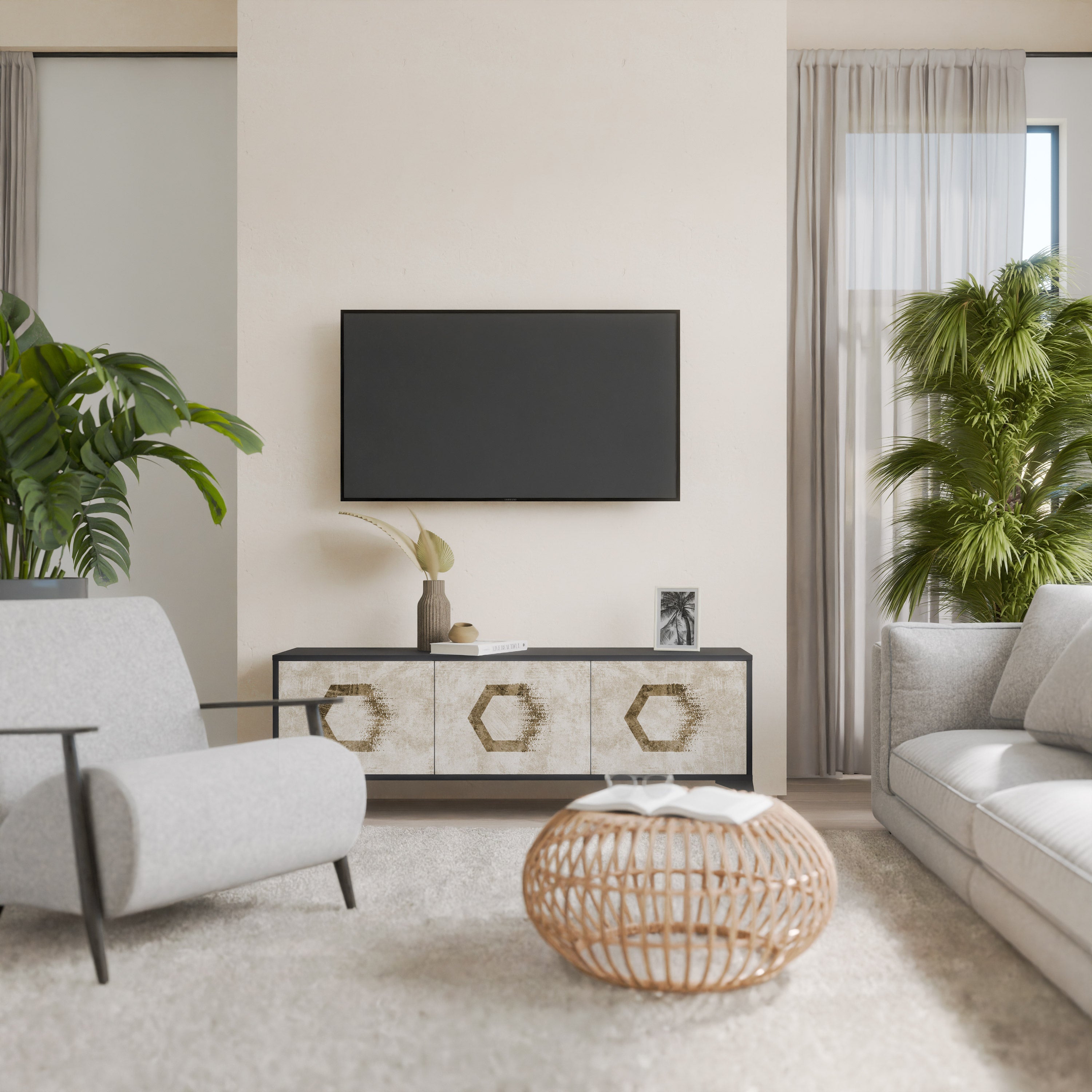 HEXAGONAL SHAPES Móvel de TV com 3 Portas em Acabamento Preto